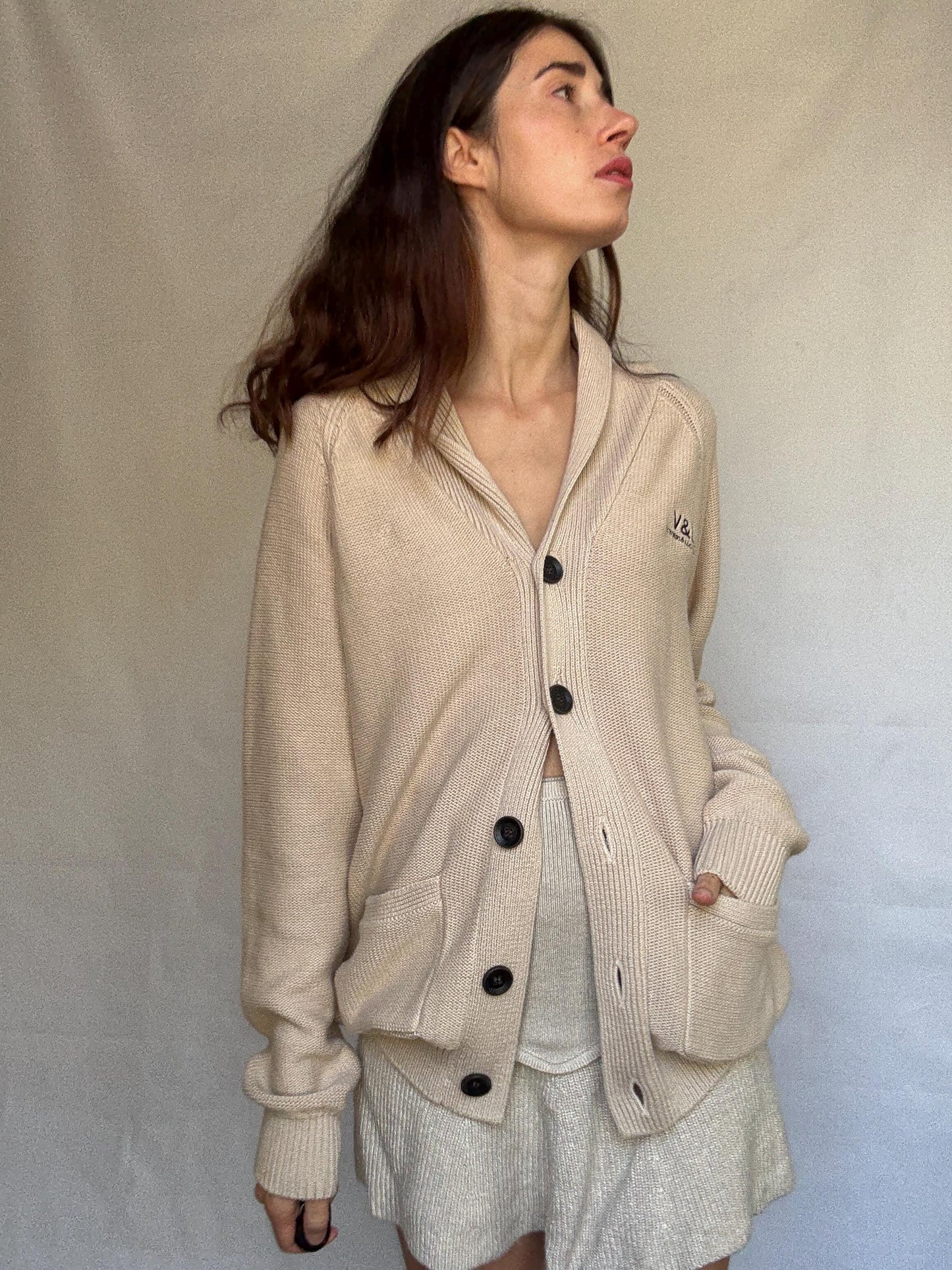 Beige Cotton Shawl Collar Cardigan — fabric close-up