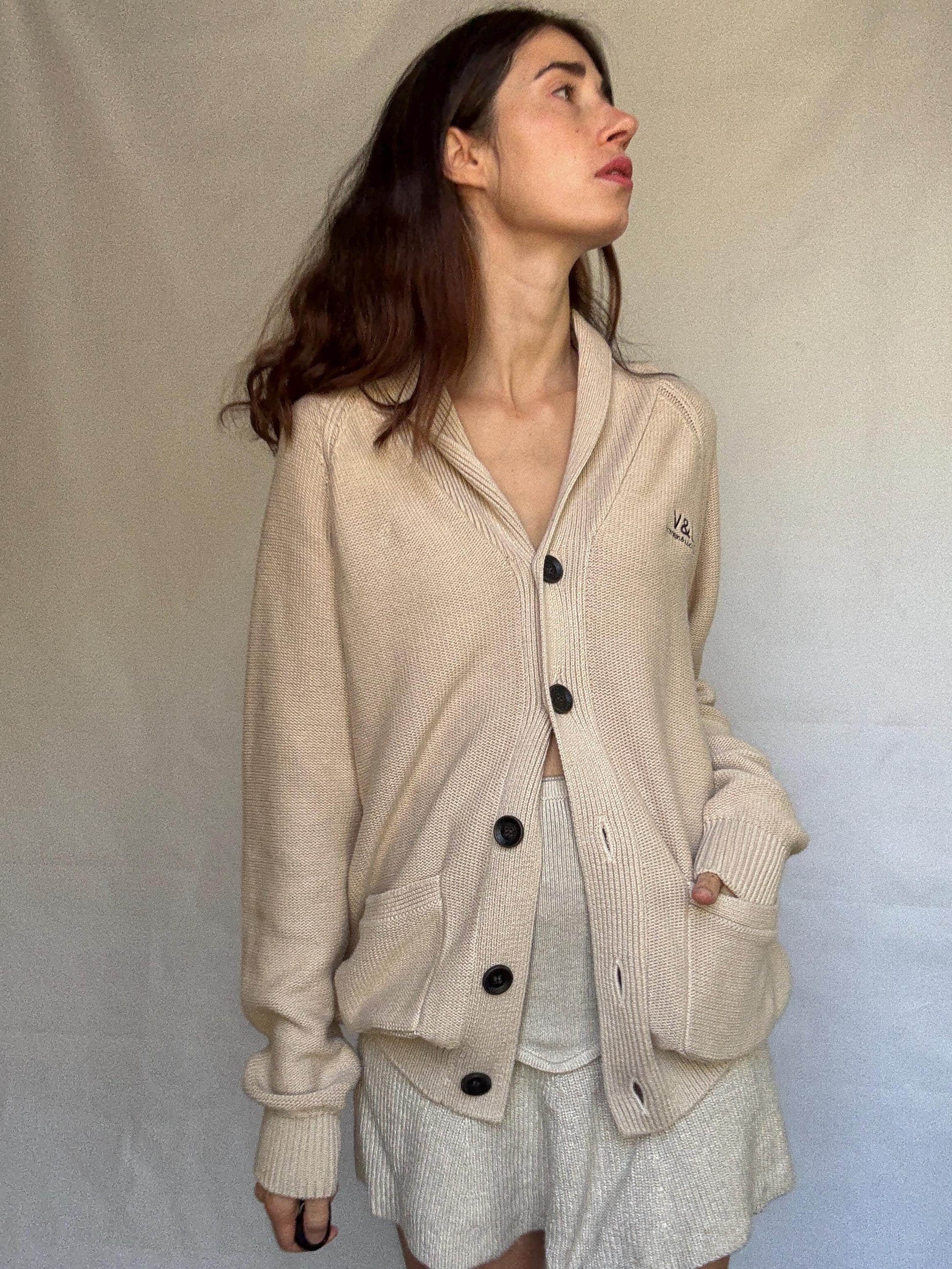 Beige Cotton Shawl Collar Cardigan — fabric close-up