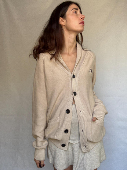Beige Cotton Shawl Collar Cardigan — fabric close-up