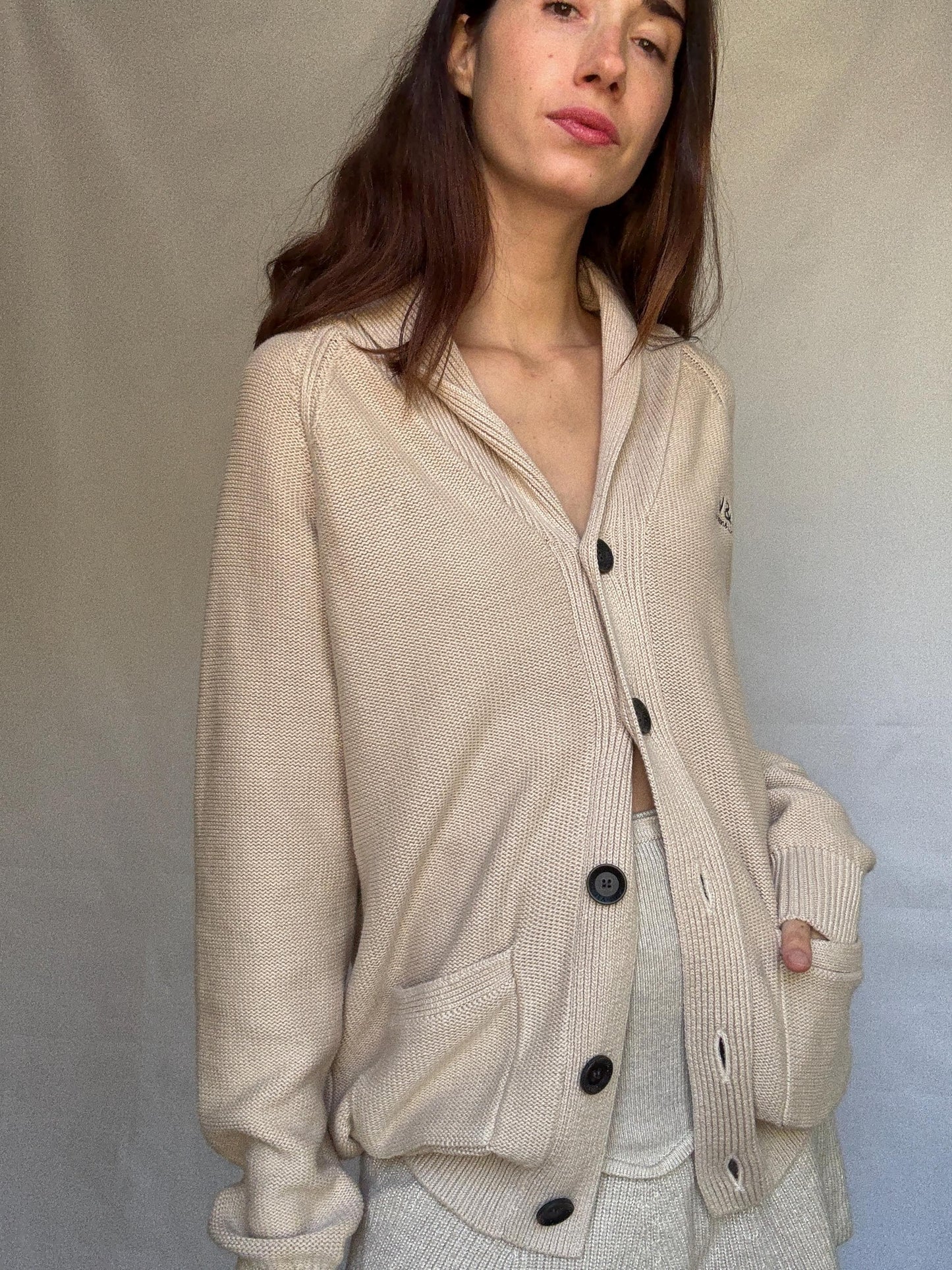 Vintage beige cardigan, 100% cotton, shawl collar, front button closure, embroidered logo, minimalist casual, US XL, everyday layering