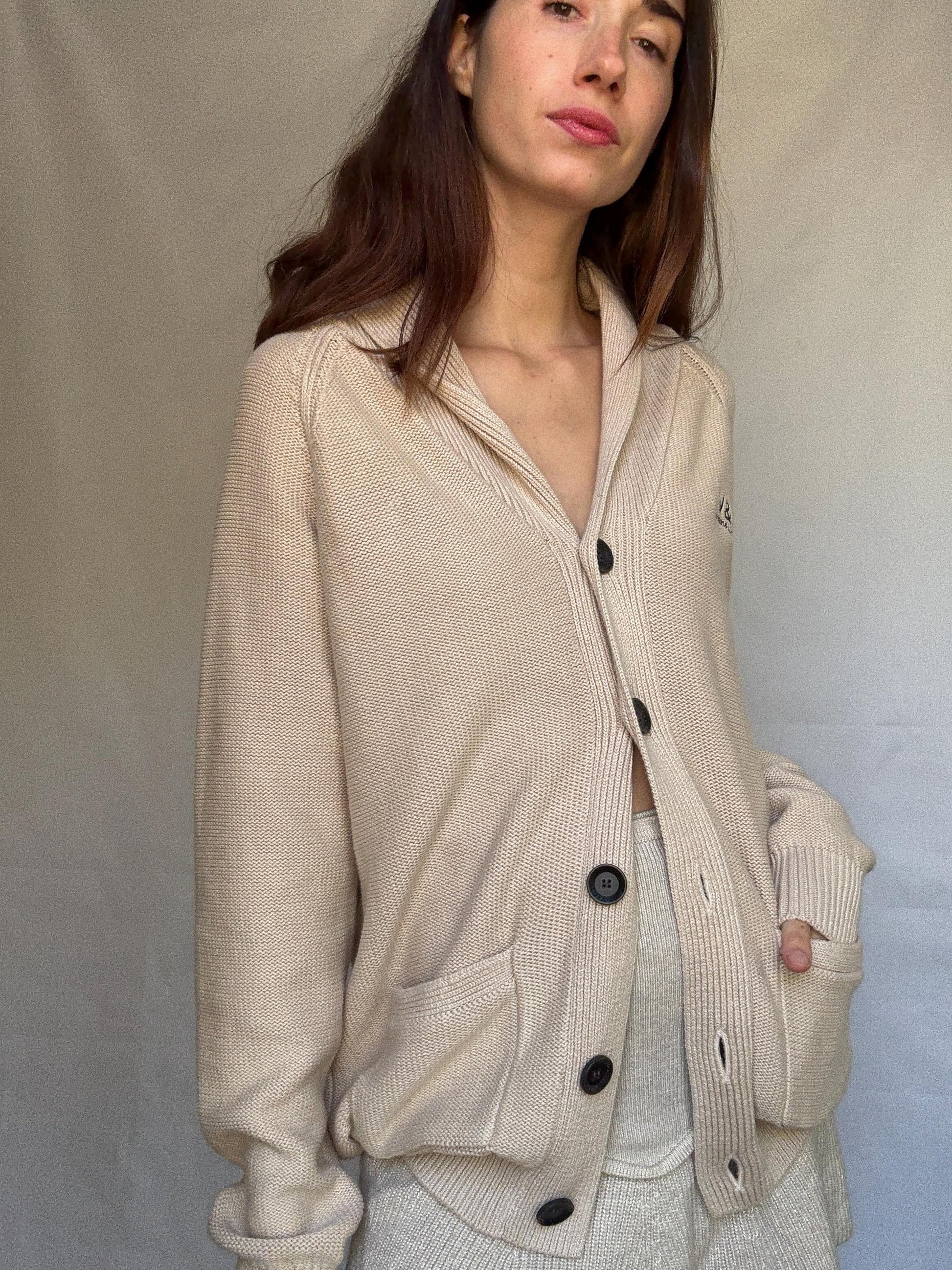 Vintage beige cardigan, 100% cotton, shawl collar, front button closure, embroidered logo, minimalist casual, US XL, everyday layering