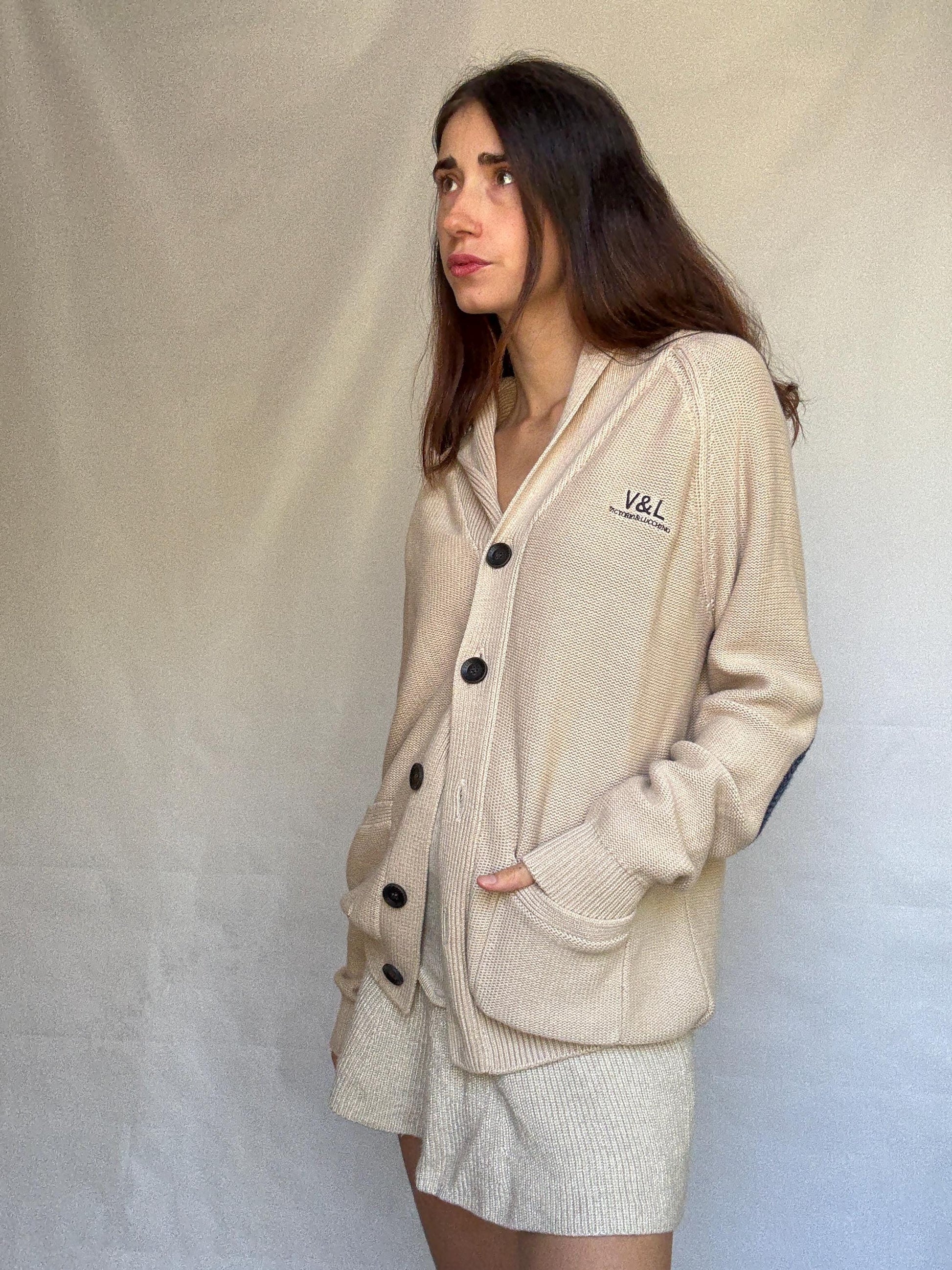 Vintage beige cardigan, 100% cotton, shawl collar, front button closure, embroidered logo, minimalist casual, US XL, everyday layering
