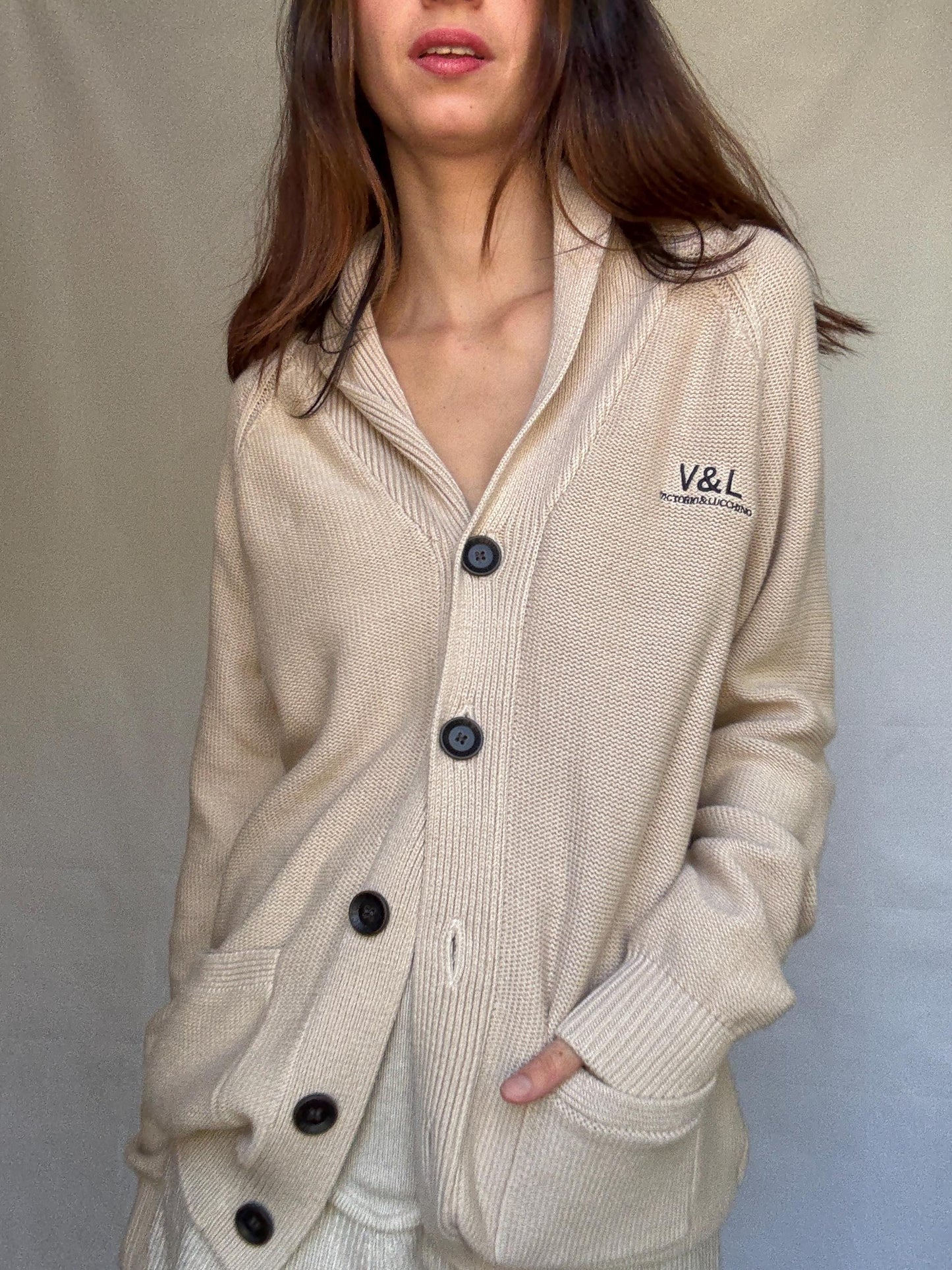 Vintage beige cardigan, 100% cotton, shawl collar, front button closure, embroidered logo, minimalist casual, US XL, everyday layering