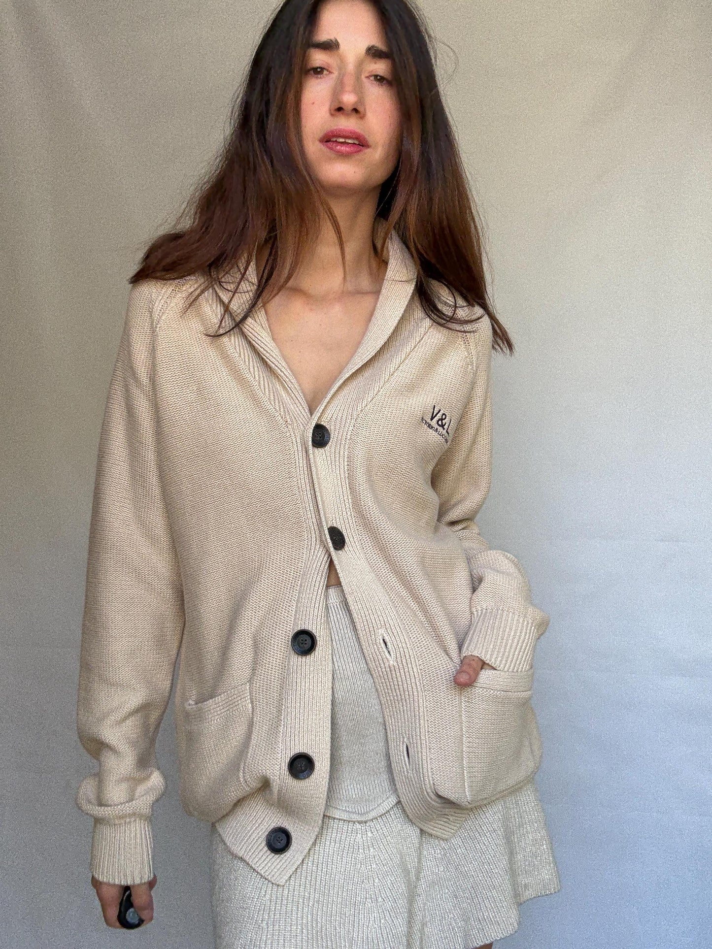 Vintage beige cardigan, 100% cotton, shawl collar, front button closure, embroidered logo, minimalist casual, US XL, everyday layering