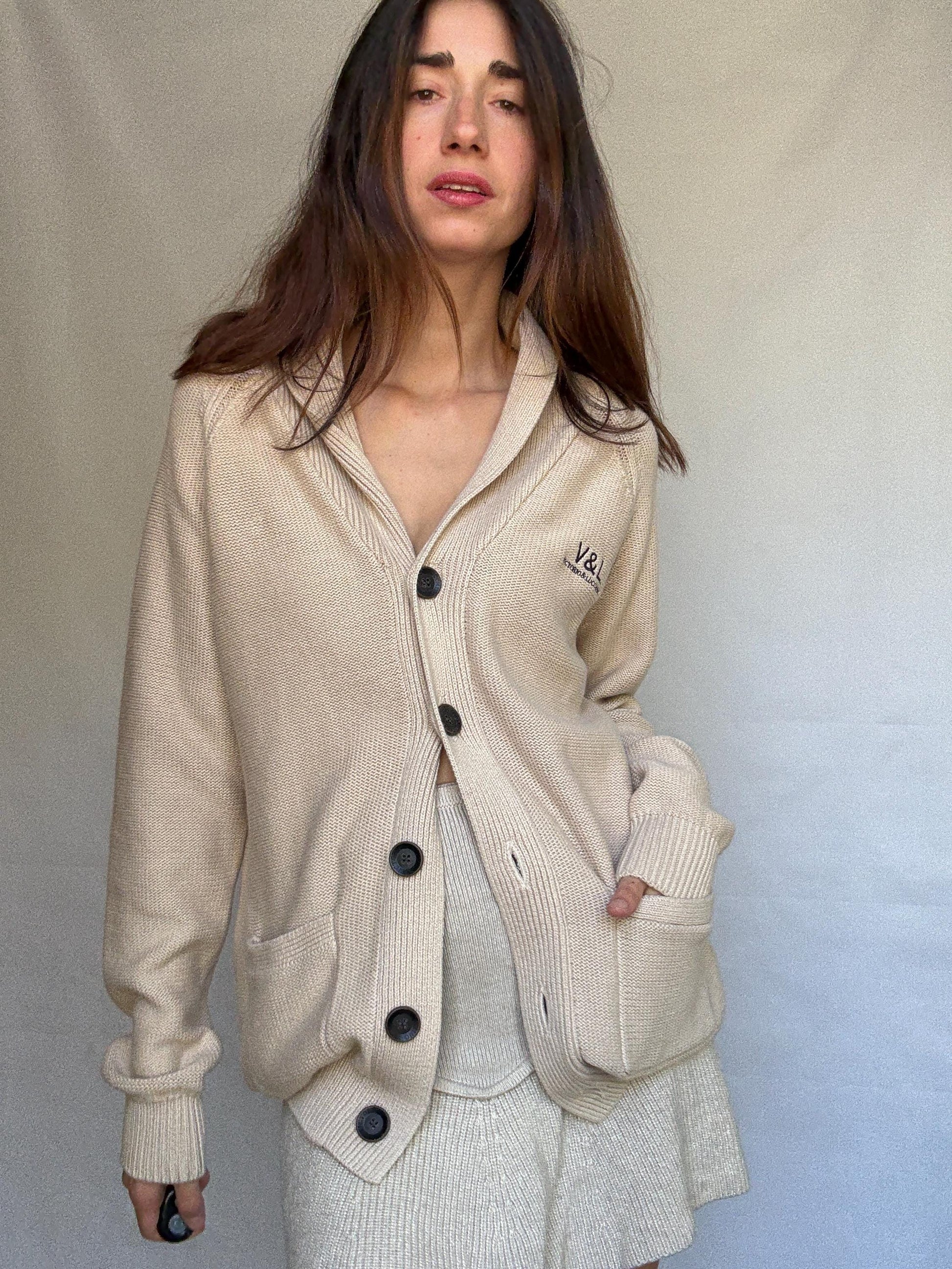 Vintage beige cardigan, 100% cotton, shawl collar, front button closure, embroidered logo, minimalist casual, US XL, everyday layering