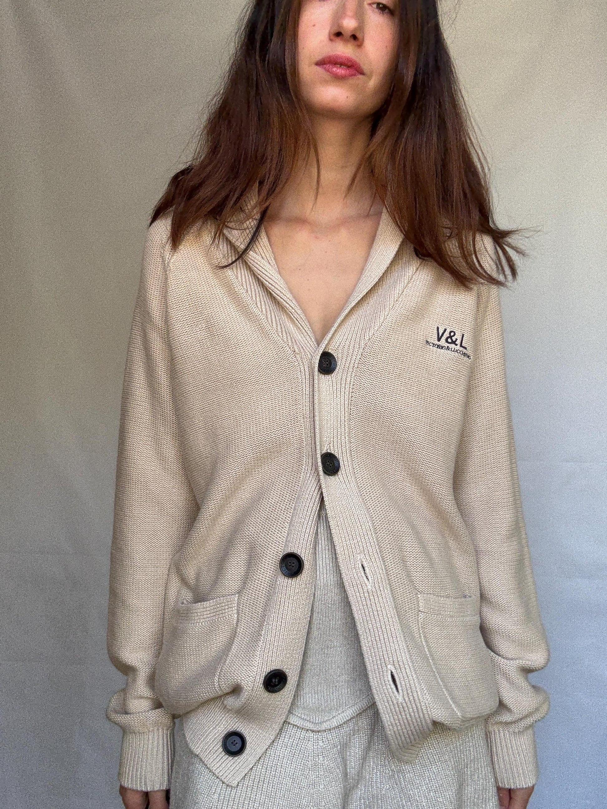 Vintage beige cardigan, 100% cotton, shawl collar, front button closure, embroidered logo, minimalist casual, US XL, everyday layering
