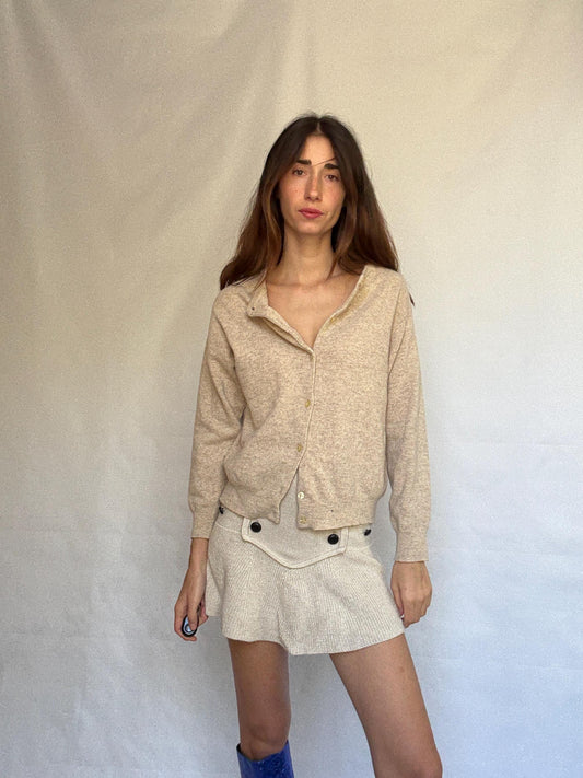 Viriato light beige knit cardigan, lambswool blend, button front, ribbed cuffs and hem, vintage minimalism Sofia Richie Grainge, US L