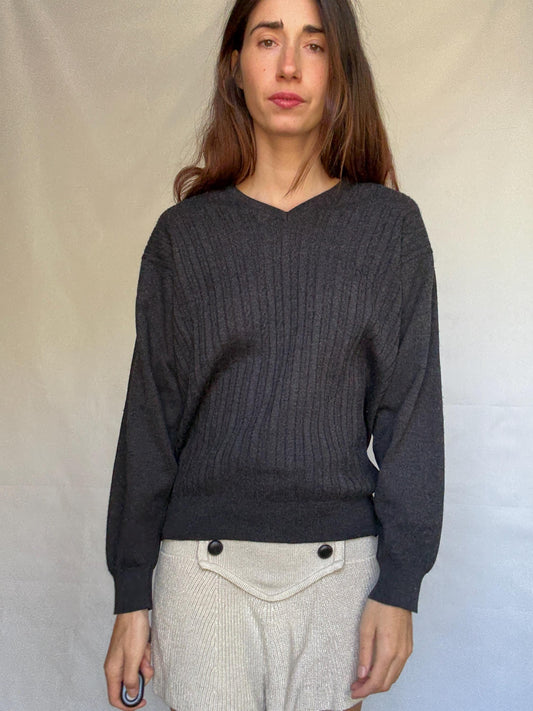 Pierre Cardin Paris dark sweater, wool blend, ribbed v neck, dark academic style, Carolyn bessette, kennedy vibe, US XL, office chic