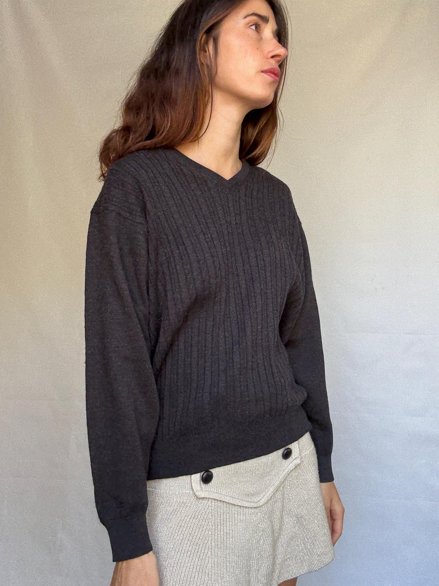 Pierre Cardin Paris dark sweater, wool blend, ribbed v neck, dark academic style, Carolyn bessette, kennedy vibe, US XL, office chic