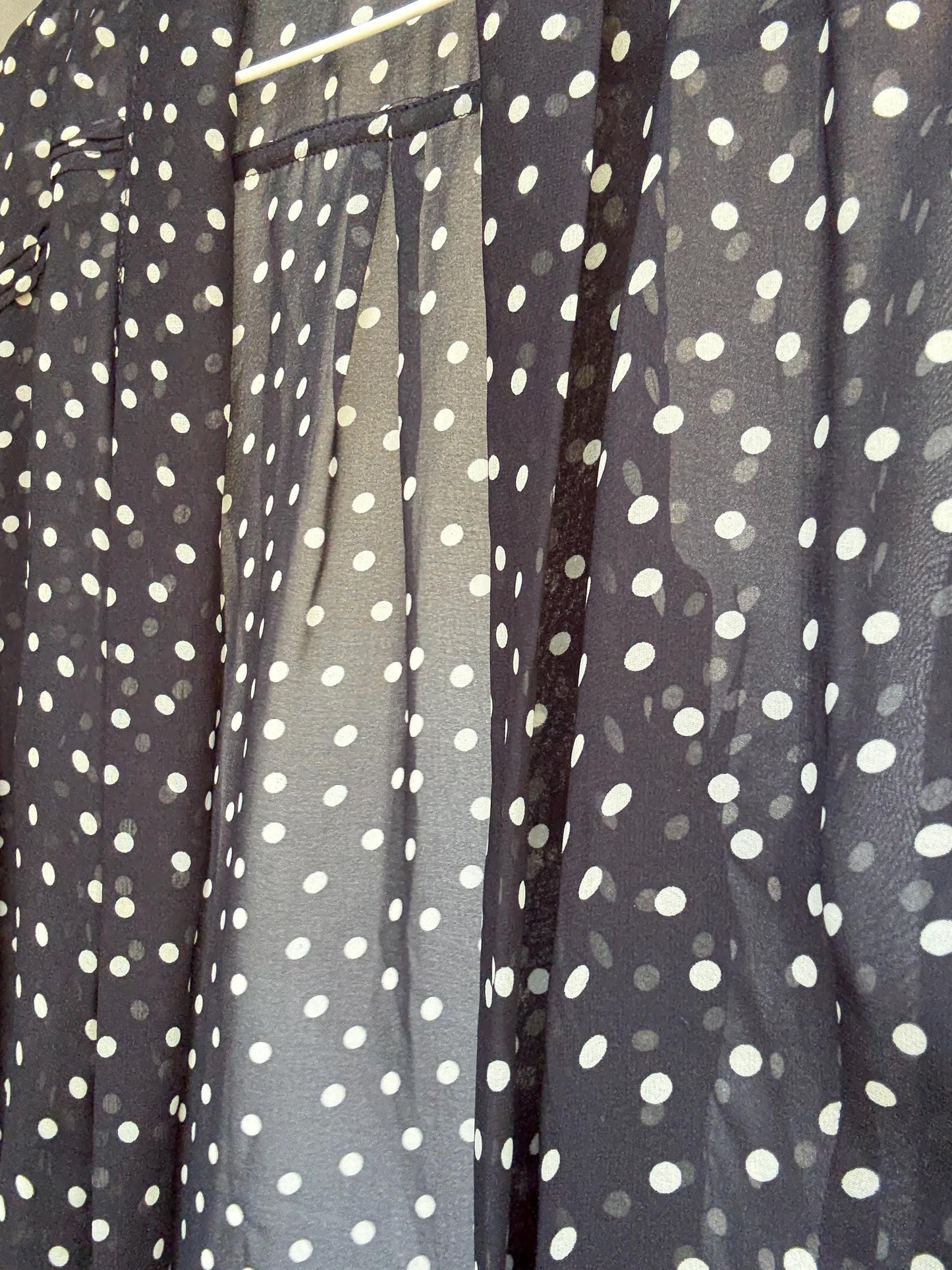 Vintage sheer black polka dot blouse, classic fit, pleated design, retro 80s, US L, evening party vibe, see through, sheer