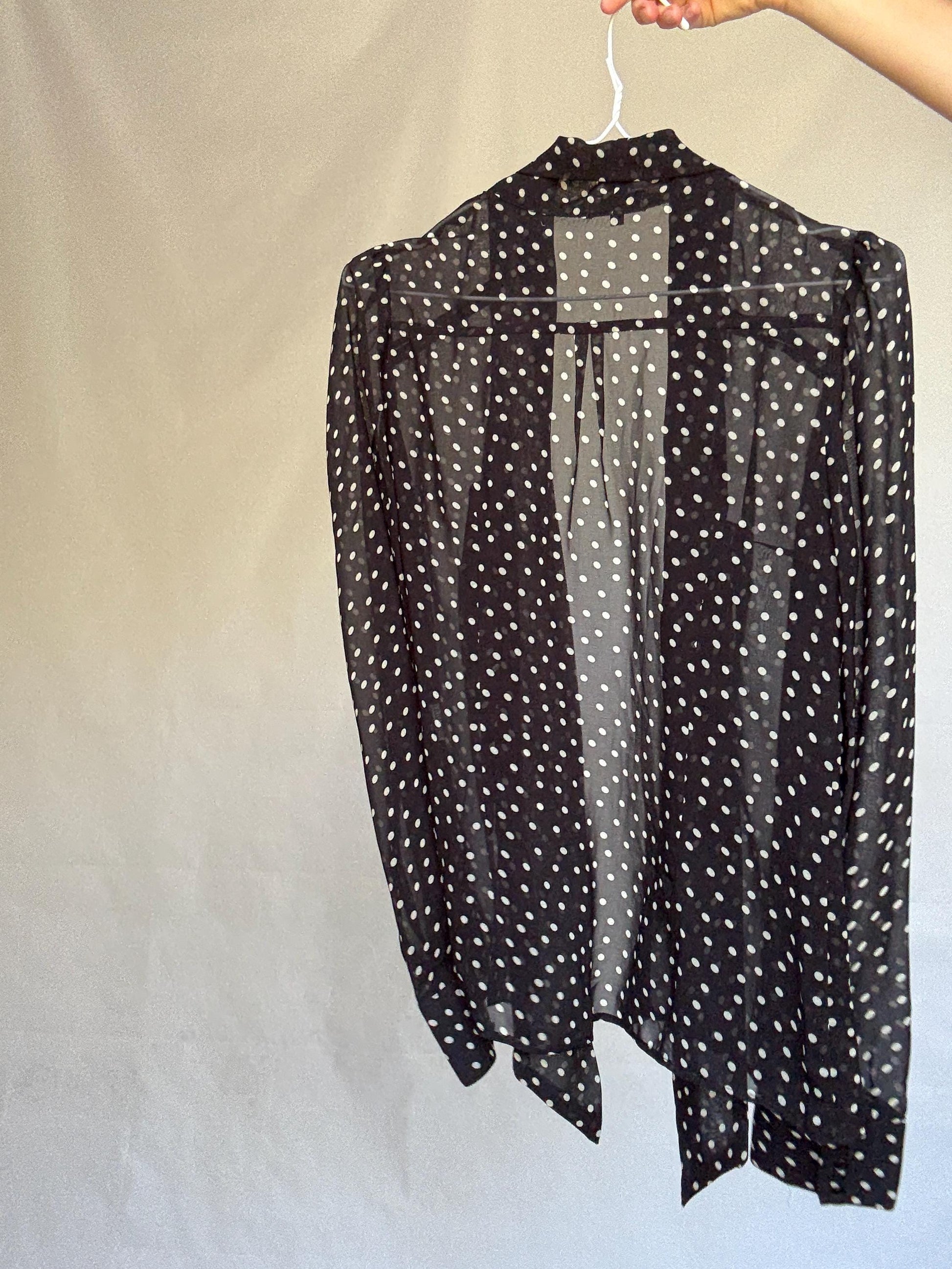Vintage sheer black polka dot blouse, classic fit, pleated design, retro 80s, US L, evening party vibe, see through, sheer
