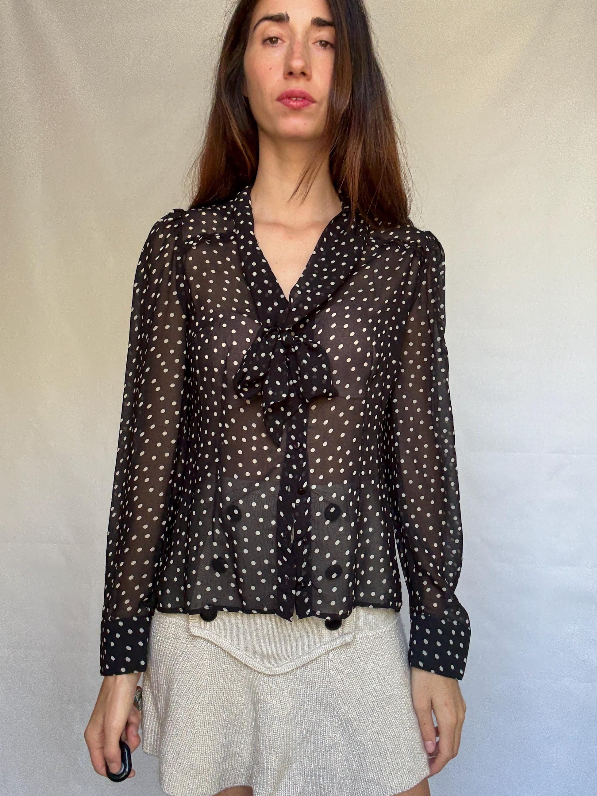 Vintage sheer black polka dot blouse, classic fit, pleated design, retro 80s, US L, evening party vibe, see through, sheer