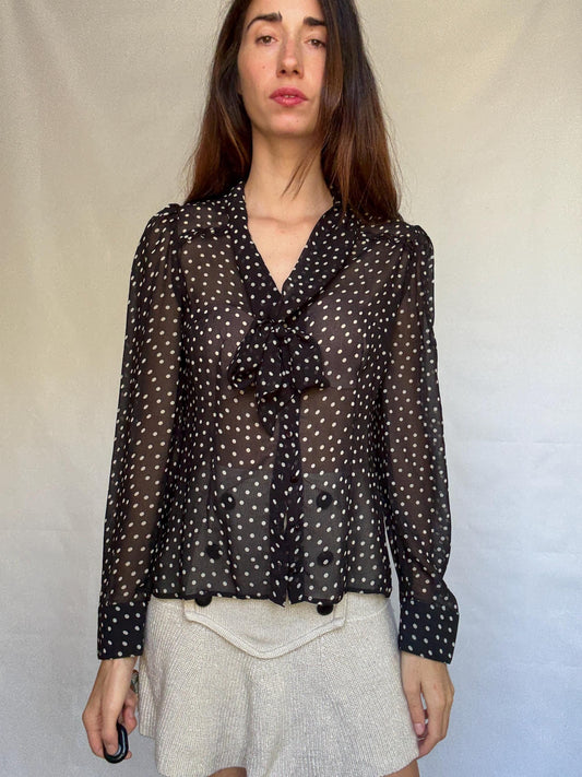 Vintage sheer black polka dot blouse, classic fit, pleated design, retro 80s, US L, evening party vibe, see through, sheer