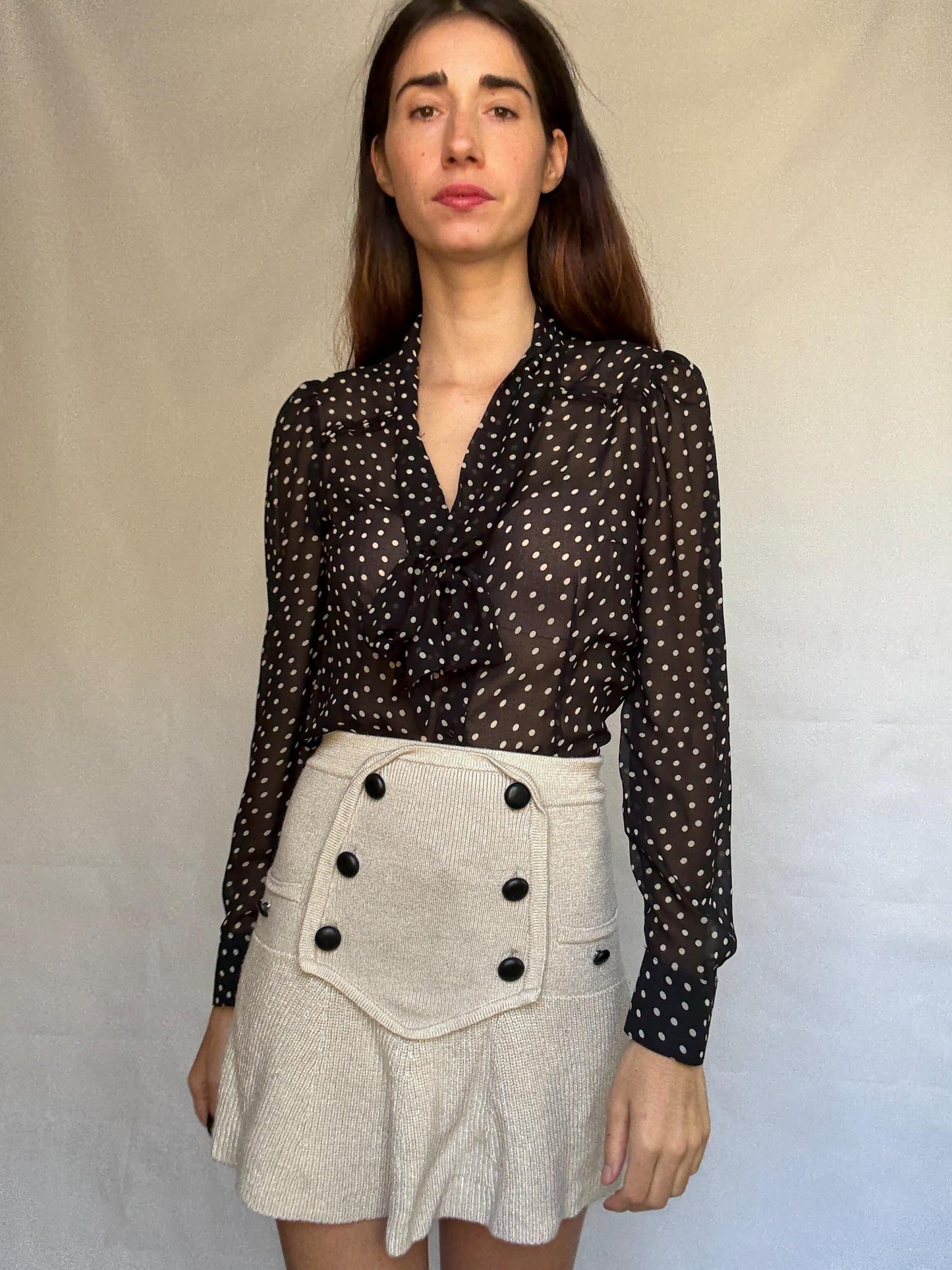 Vintage sheer black polka dot blouse, classic fit, pleated design, retro 80s, US L, evening party vibe, see through, sheer