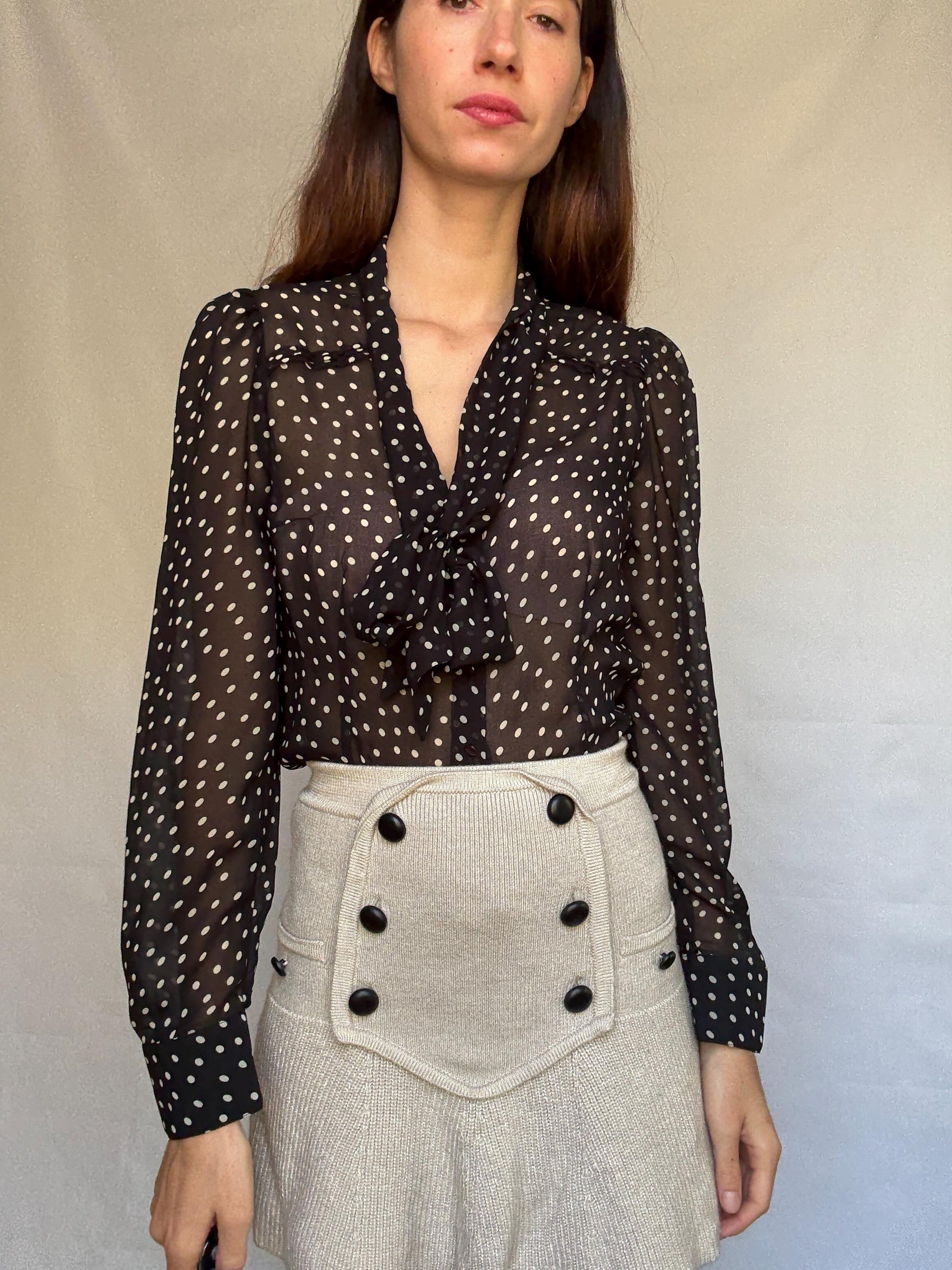 Vintage sheer black polka dot blouse, classic fit, pleated design, retro 80s, US L, evening party vibe, see through, sheer