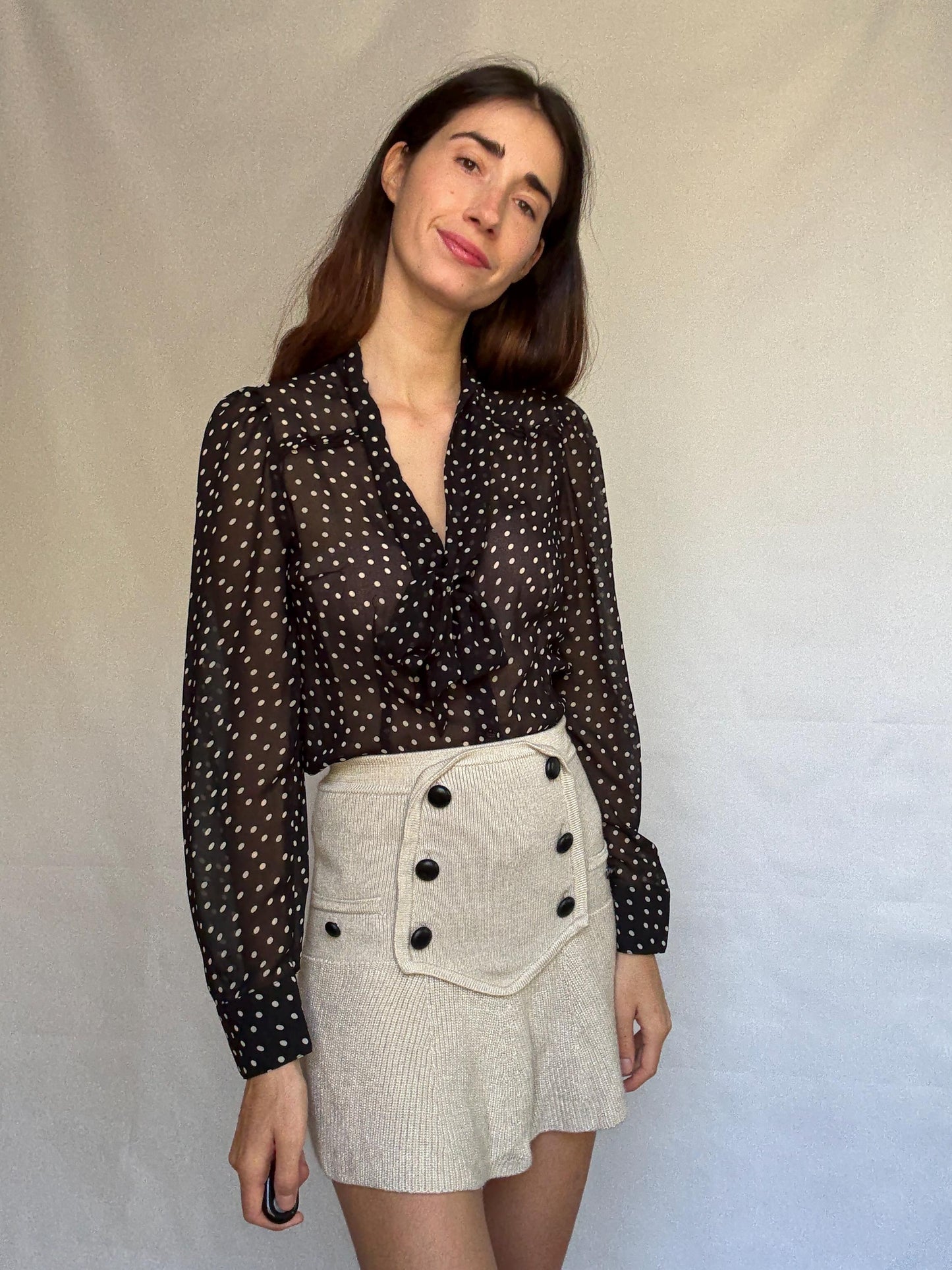 Vintage sheer black polka dot blouse, classic fit, pleated design, retro 80s, US L, evening party vibe, see through, sheer