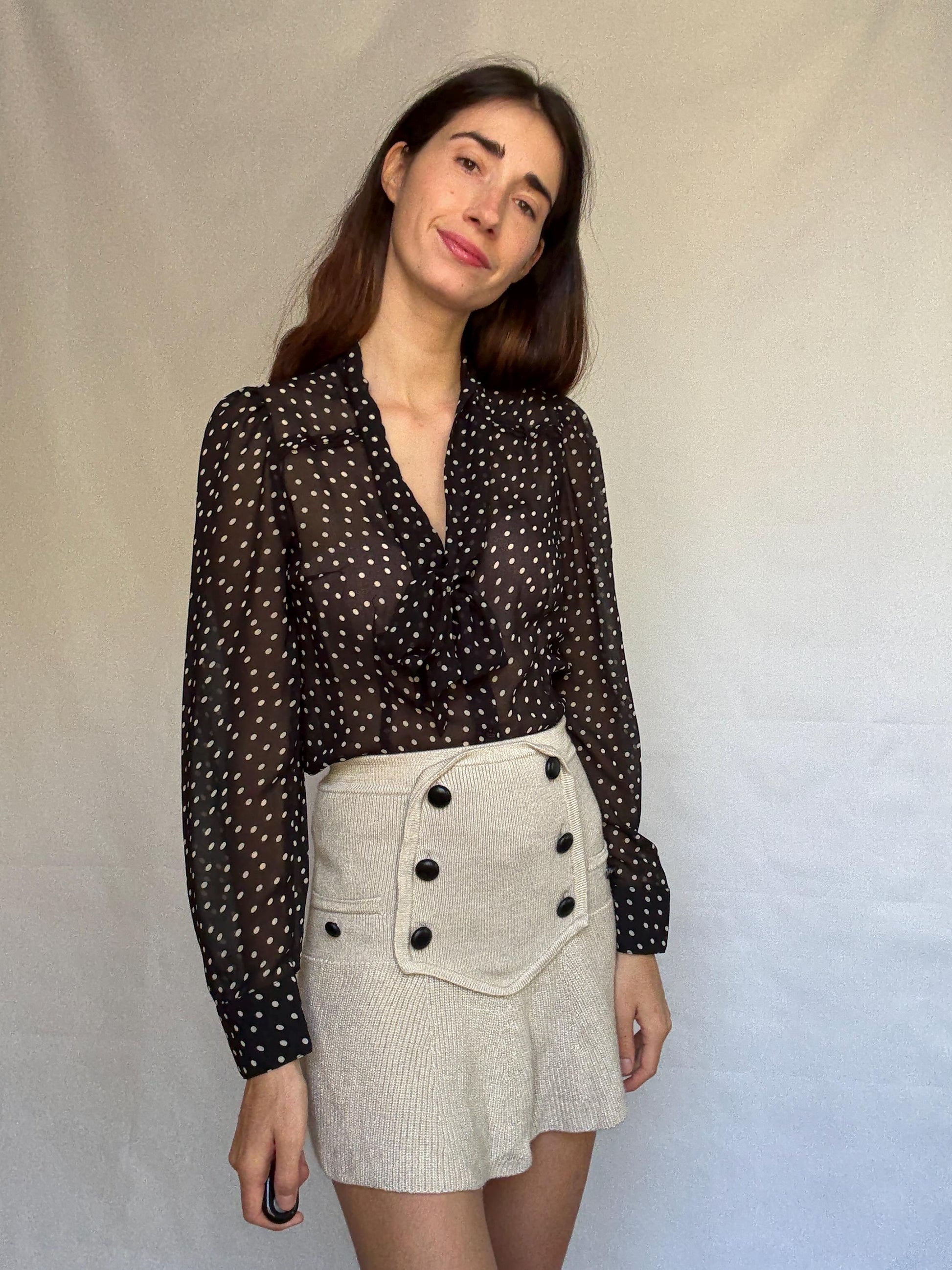 Vintage sheer black polka dot blouse, classic fit, pleated design, retro 80s, US L, evening party vibe, see through, sheer