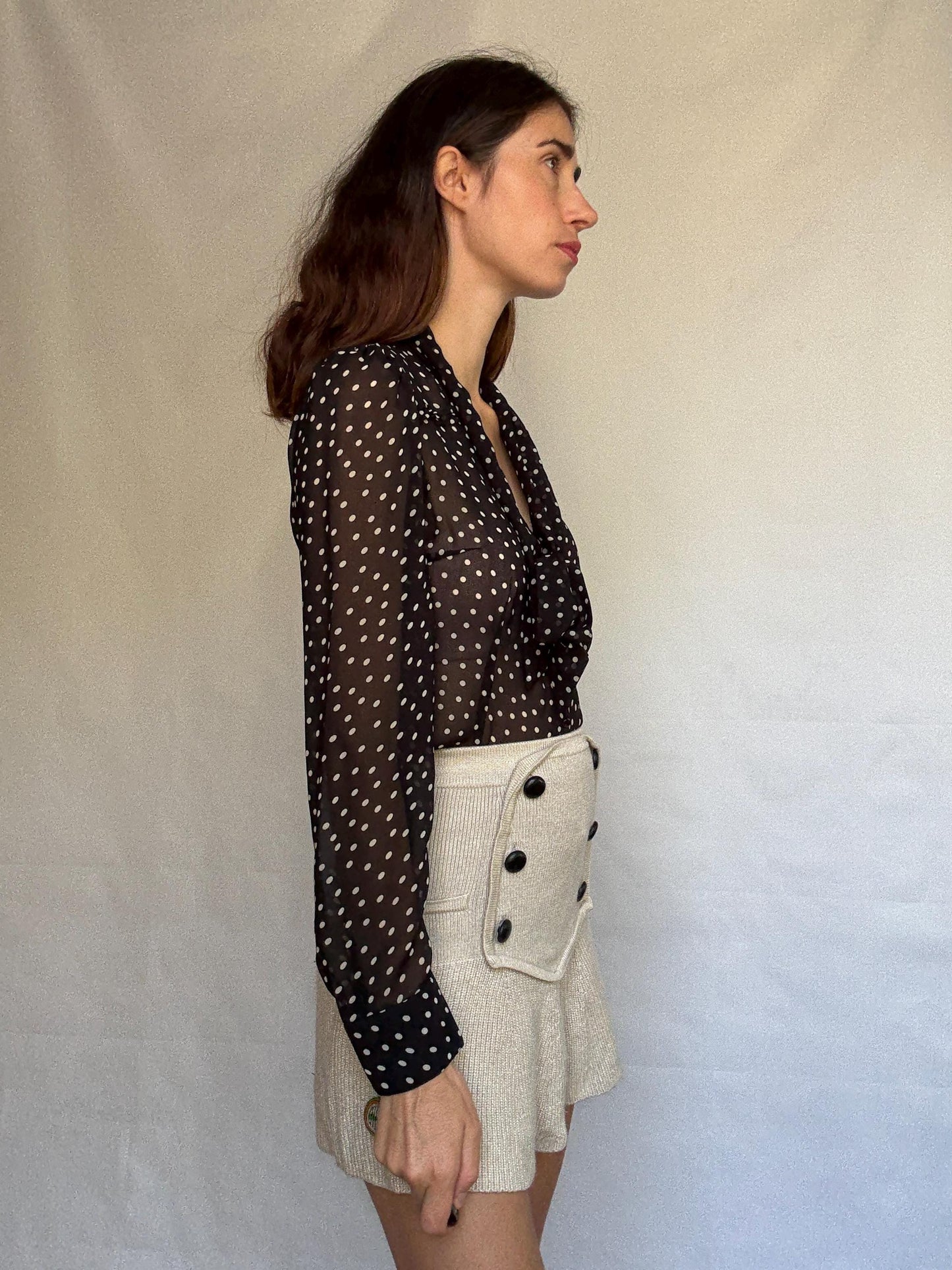 Vintage sheer black polka dot blouse, classic fit, pleated design, retro 80s, US L, evening party vibe, see through, sheer