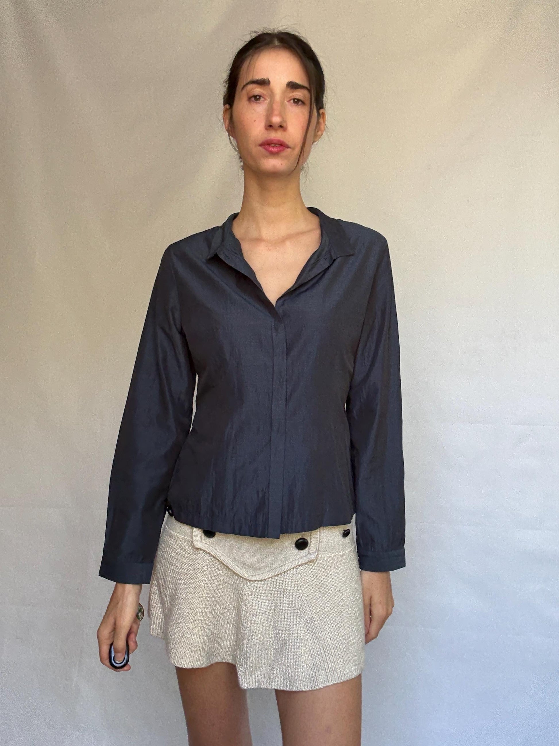 Vintage Adolfo Dominguez dark blouse, cotton, straight fit, concealed button, minimalist Carolyn bessette, kennedy, US XL, office chic
