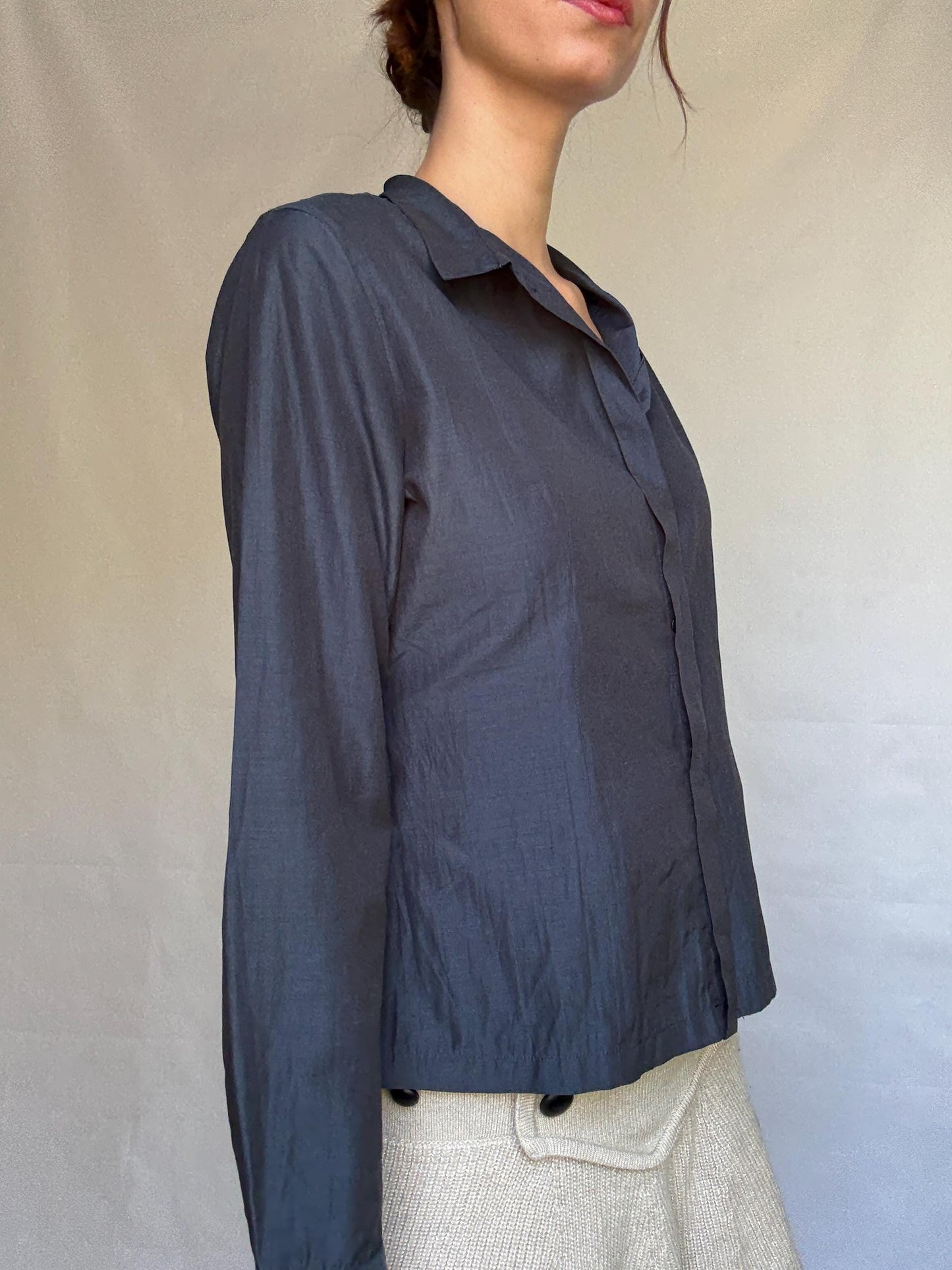 Vintage Adolfo Dominguez dark blouse, cotton, straight fit, concealed button, minimalist Carolyn bessette, kennedy, US XL, office chic