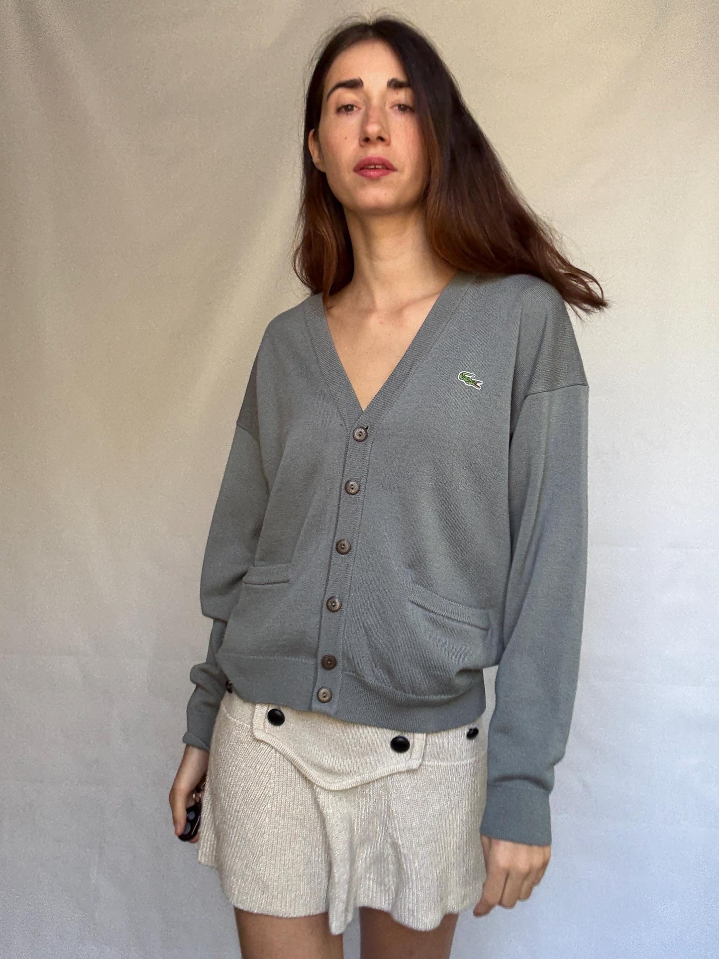 Vintage Lacoste gray cardigan, wool blend, v neck button front, ribbed cuffs, vintage casual vibe, US XL, versatile layering