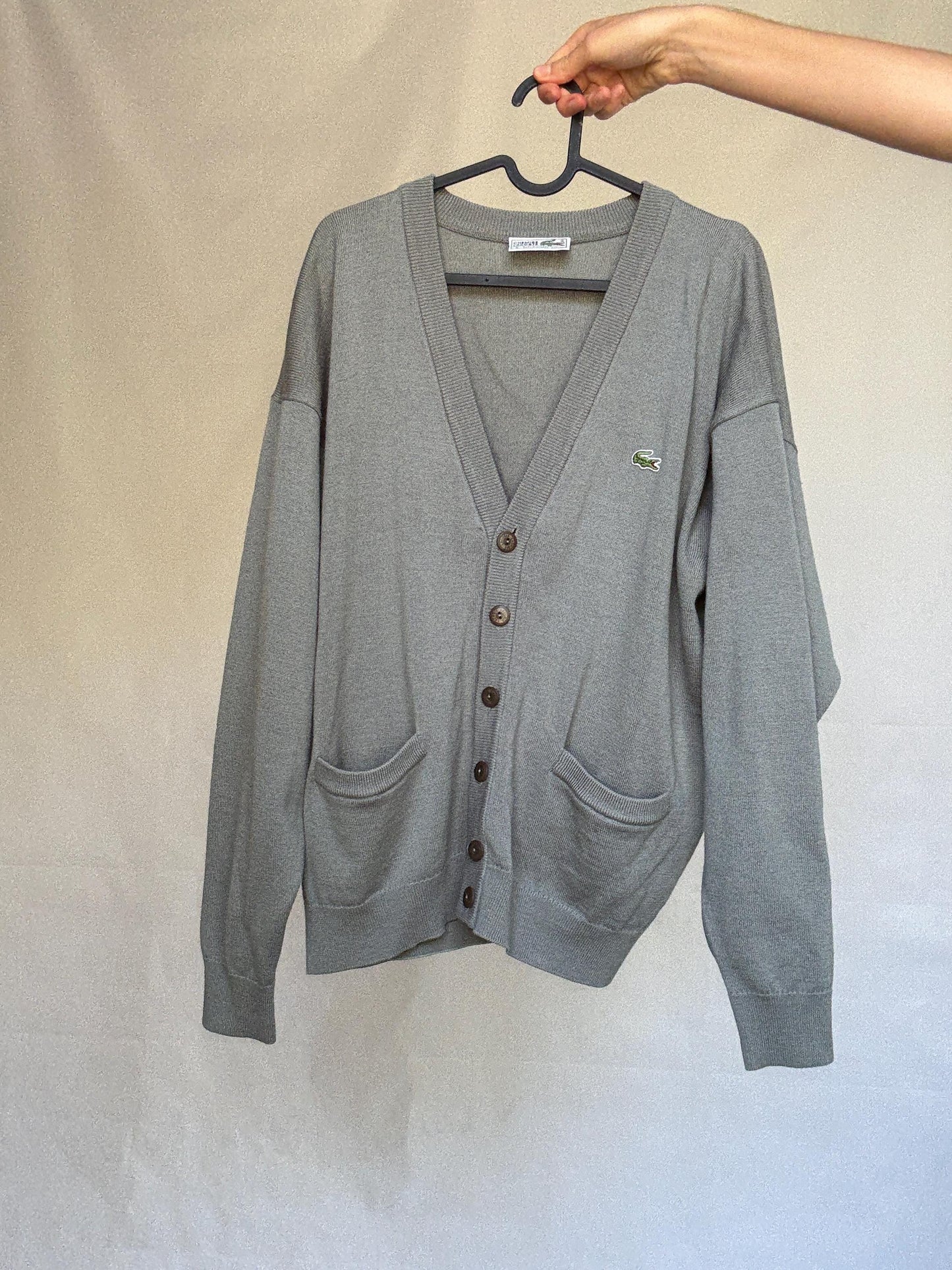 Vintage Lacoste gray cardigan, wool blend, v neck button front, ribbed cuffs, vintage casual vibe, US XL, versatile layering