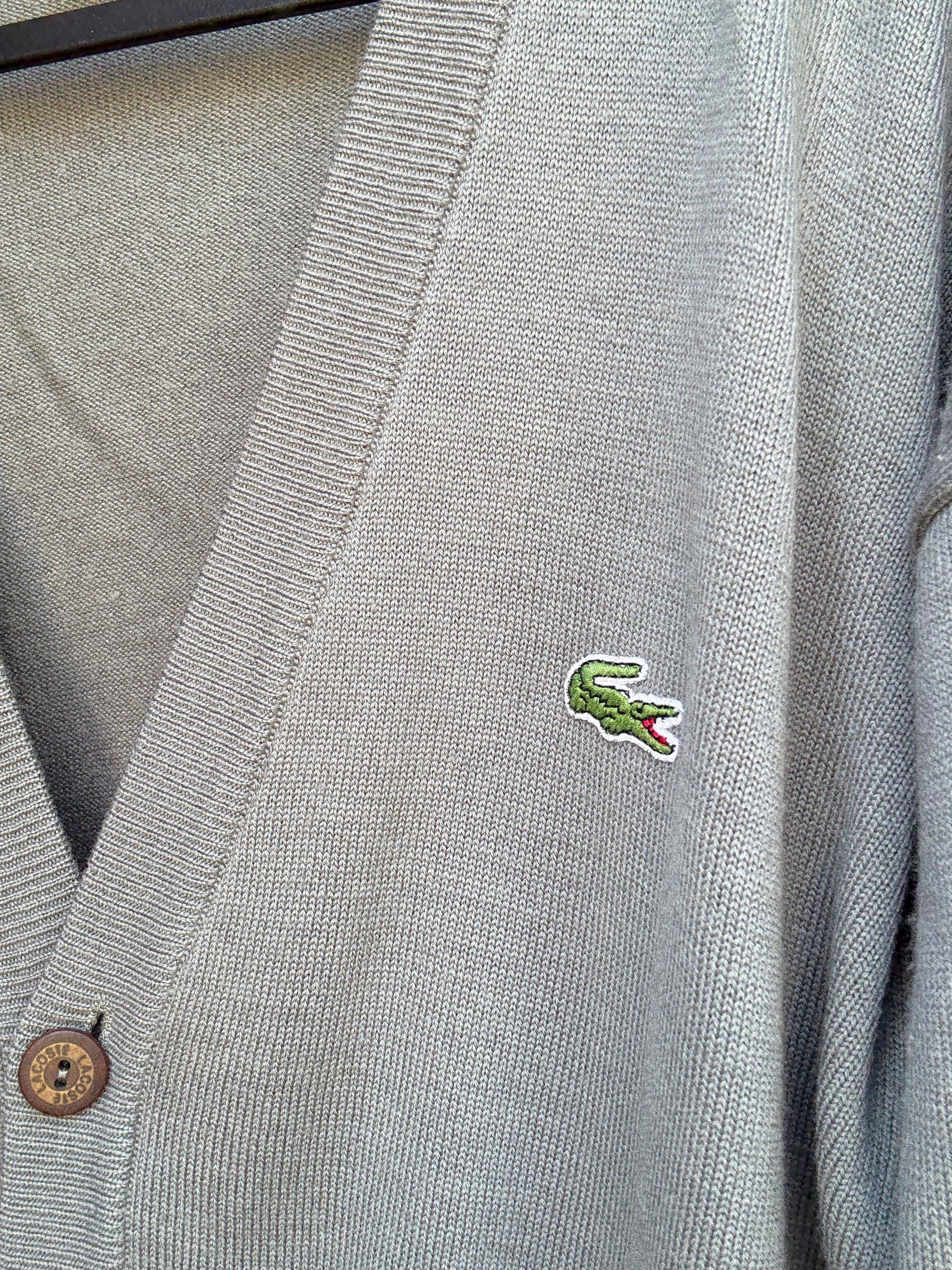 Vintage Lacoste gray cardigan, wool blend, v neck button front, ribbed cuffs, vintage casual vibe, US XL, versatile layering