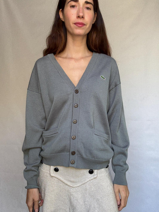Vintage Lacoste gray cardigan, wool blend, v neck button front, ribbed cuffs, vintage casual vibe, US XL, versatile layering