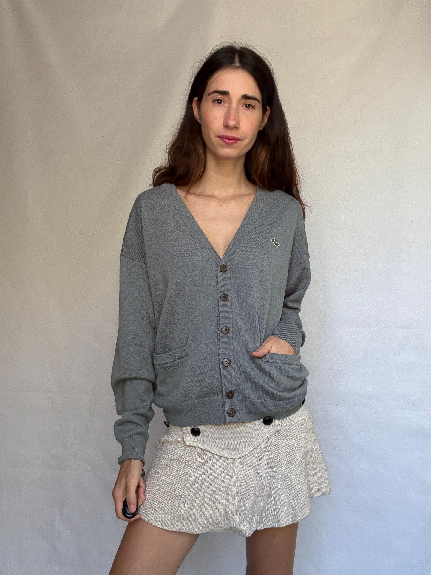 Vintage Lacoste gray cardigan, wool blend, v neck button front, ribbed cuffs, vintage casual vibe, US XL, versatile layering