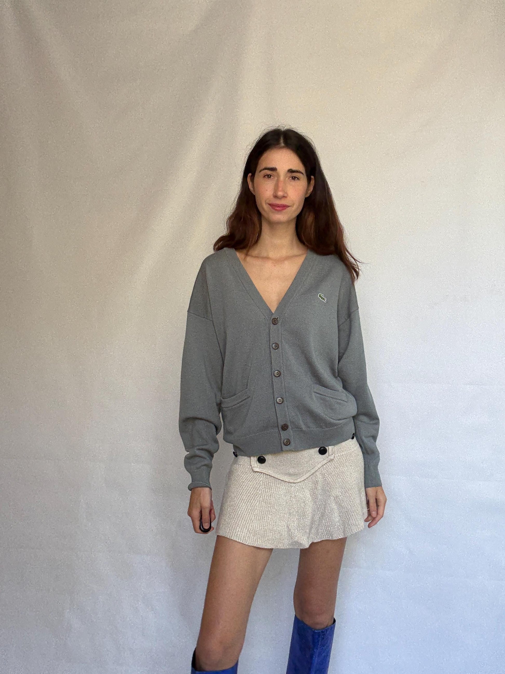 Vintage Lacoste gray cardigan, wool blend, v neck button front, ribbed cuffs, vintage casual vibe, US XL, versatile layering