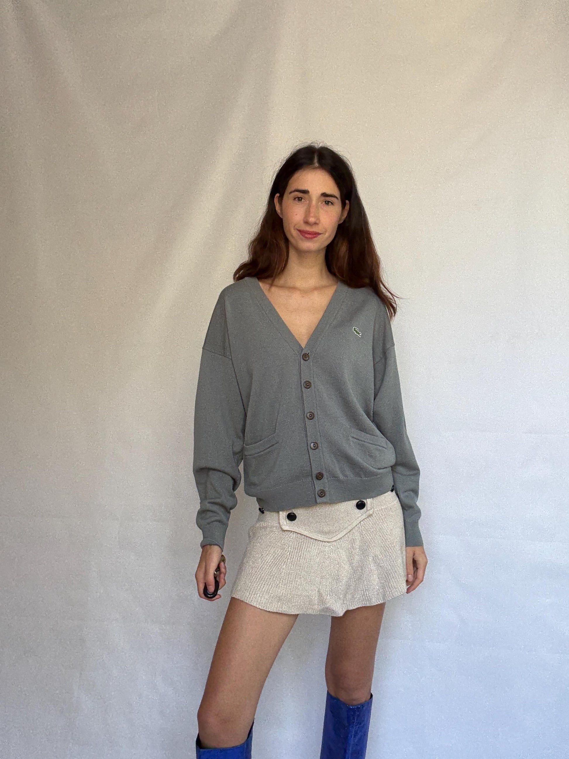 Vintage Lacoste gray cardigan, wool blend, v neck button front, ribbed cuffs, vintage casual vibe, US XL, versatile layering