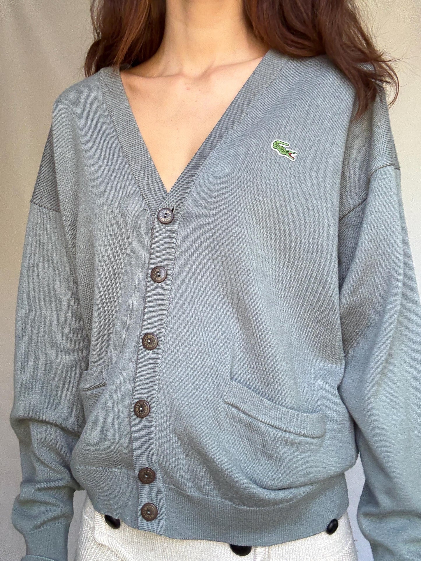Vintage Lacoste gray cardigan, wool blend, v neck button front, ribbed cuffs, vintage casual vibe, US XL, versatile layering