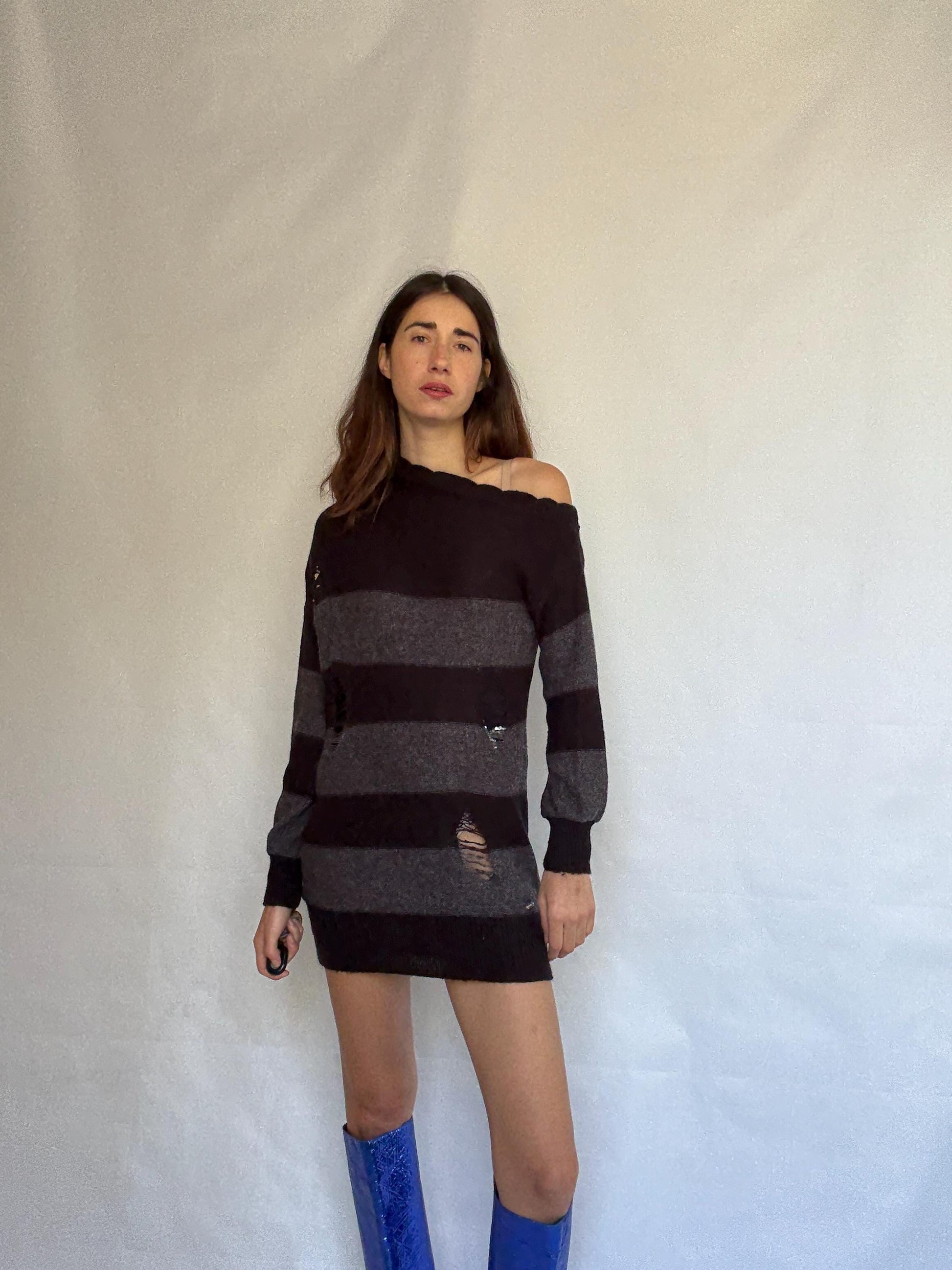 Guess Los Angeles dark gray and black asymmetric sweater dress, wool blend, slim fit, distressed knit with ribbed cuffs