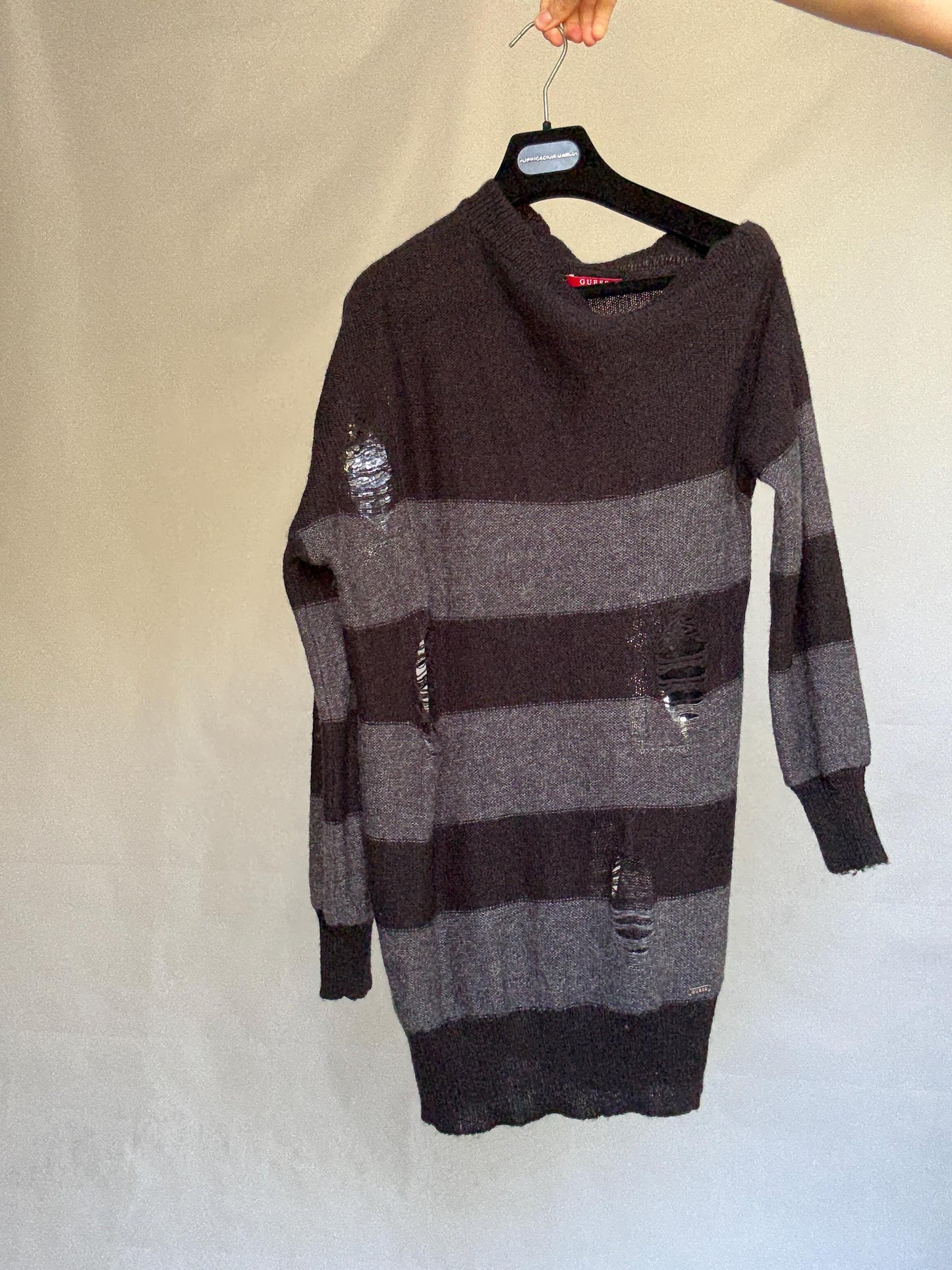 Guess Los Angeles dark gray and black asymmetric sweater dress, wool blend, slim fit, distressed knit with ribbed cuffs