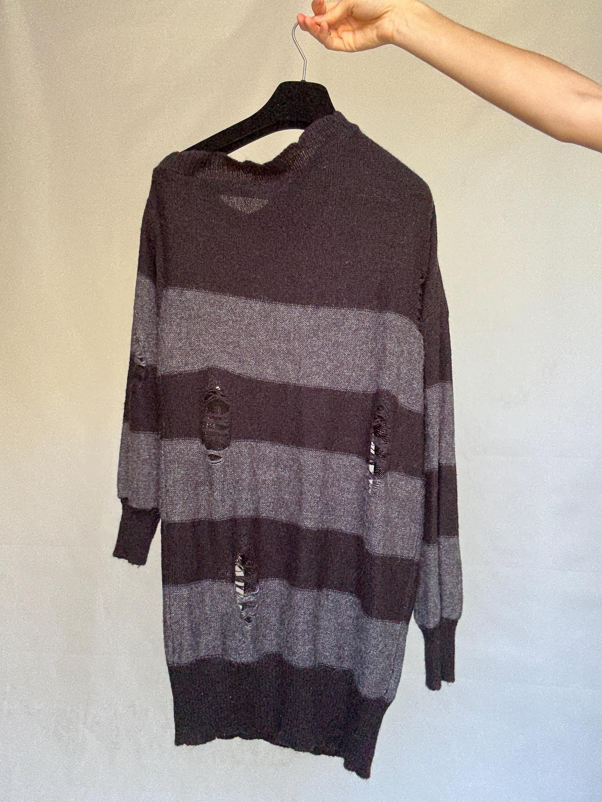 Guess Los Angeles dark gray and black asymmetric sweater dress, wool blend, slim fit, distressed knit with ribbed cuffs