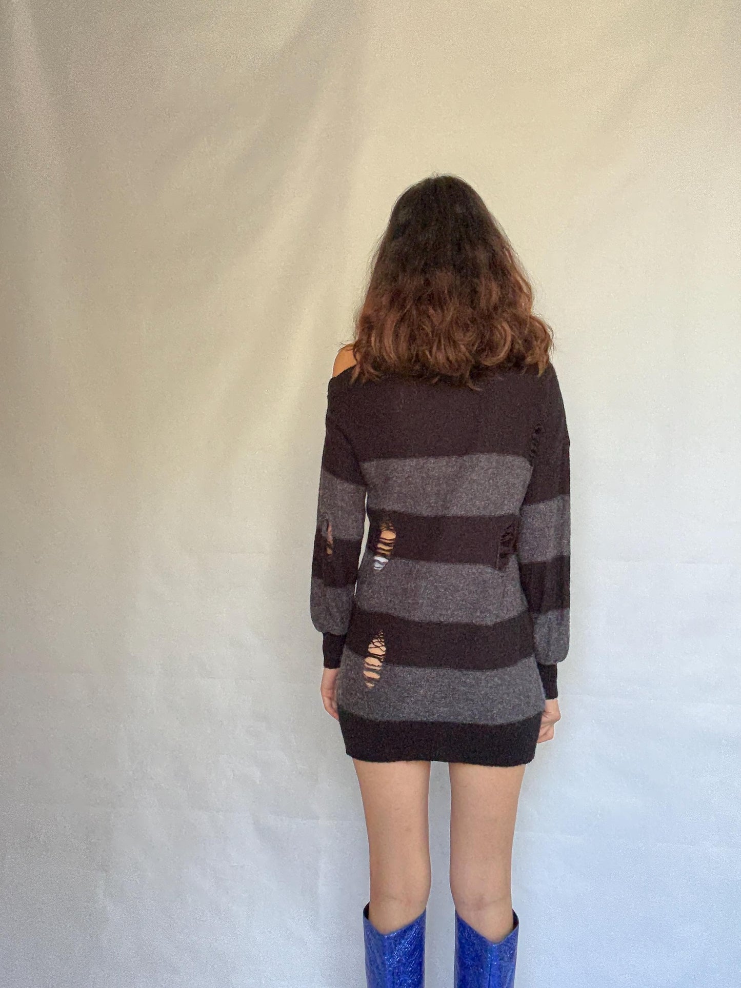 Guess Los Angeles dark gray and black asymmetric sweater dress, wool blend, slim fit, distressed knit with ribbed cuffs