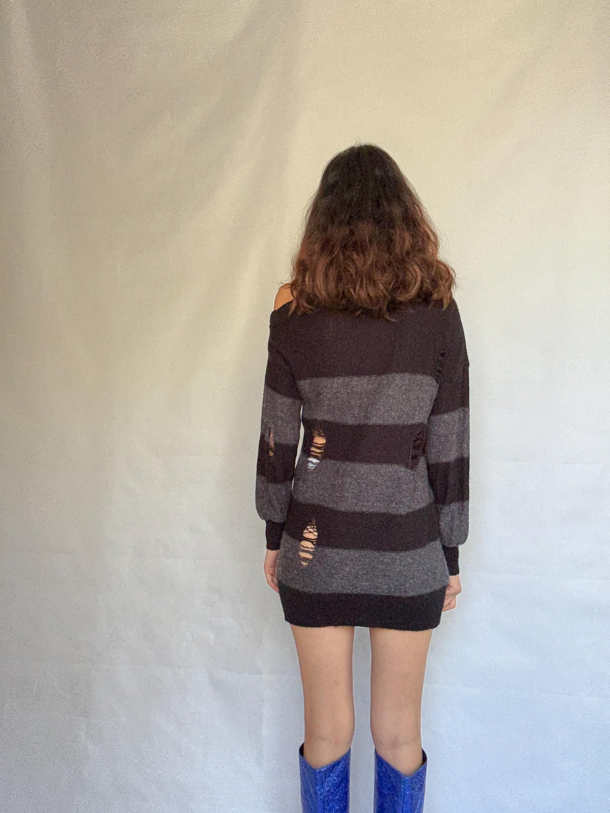 Guess Los Angeles dark gray and black asymmetric sweater dress, wool blend, slim fit, distressed knit with ribbed cuffs