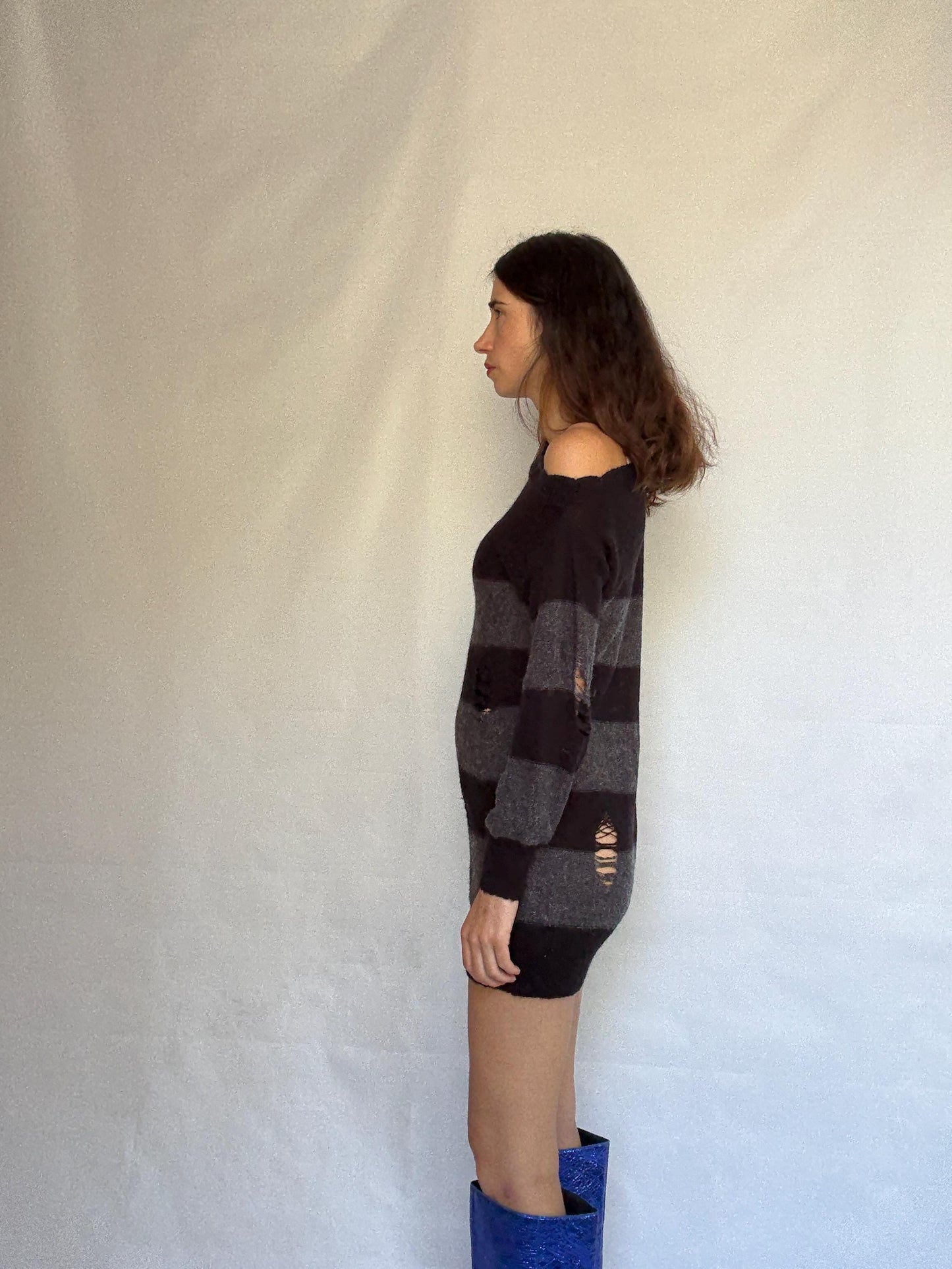 Guess Los Angeles dark gray and black asymmetric sweater dress, wool blend, slim fit, distressed knit with ribbed cuffs