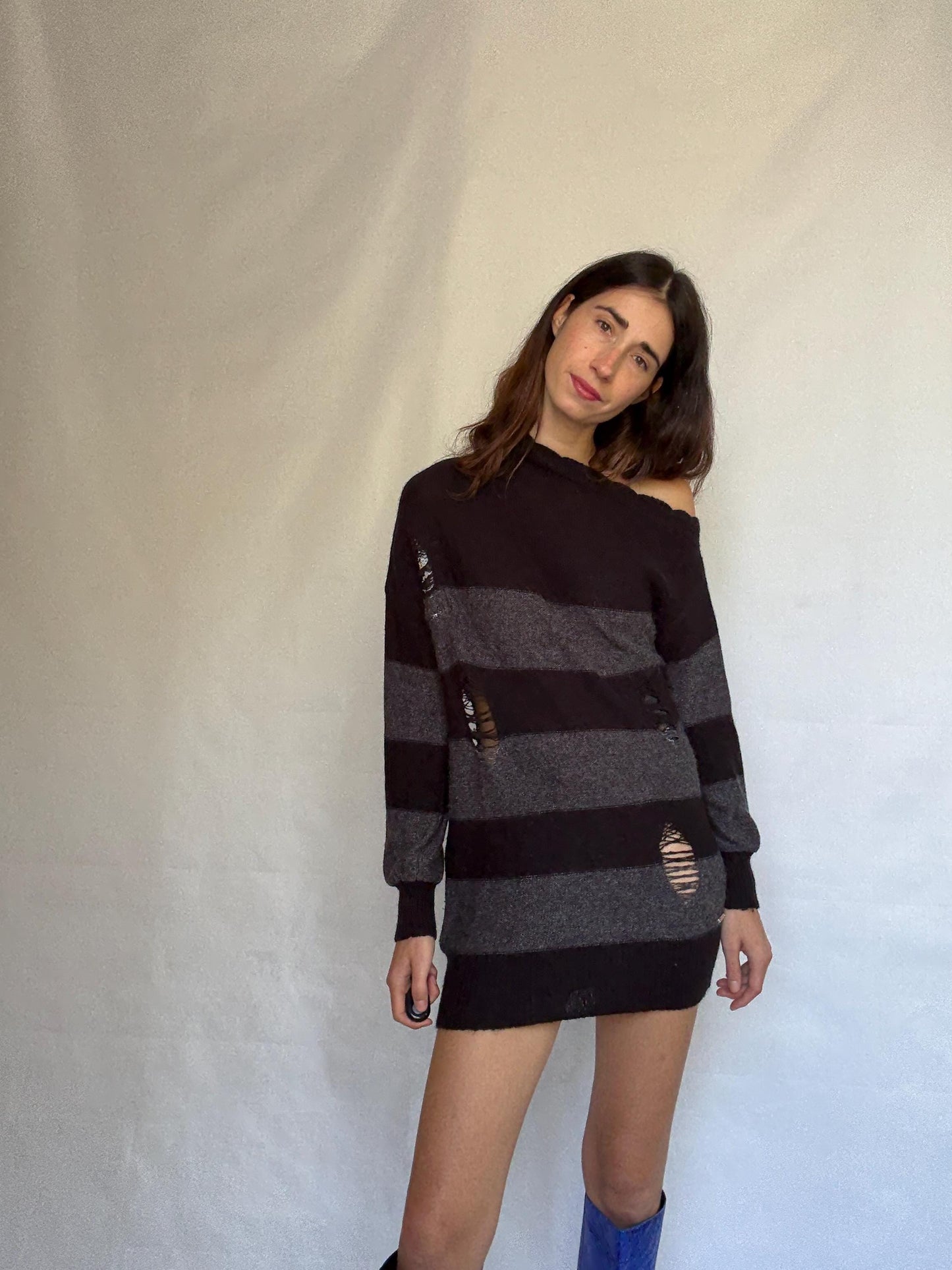 Guess Los Angeles dark gray and black asymmetric sweater dress, wool blend, slim fit, distressed knit with ribbed cuffs