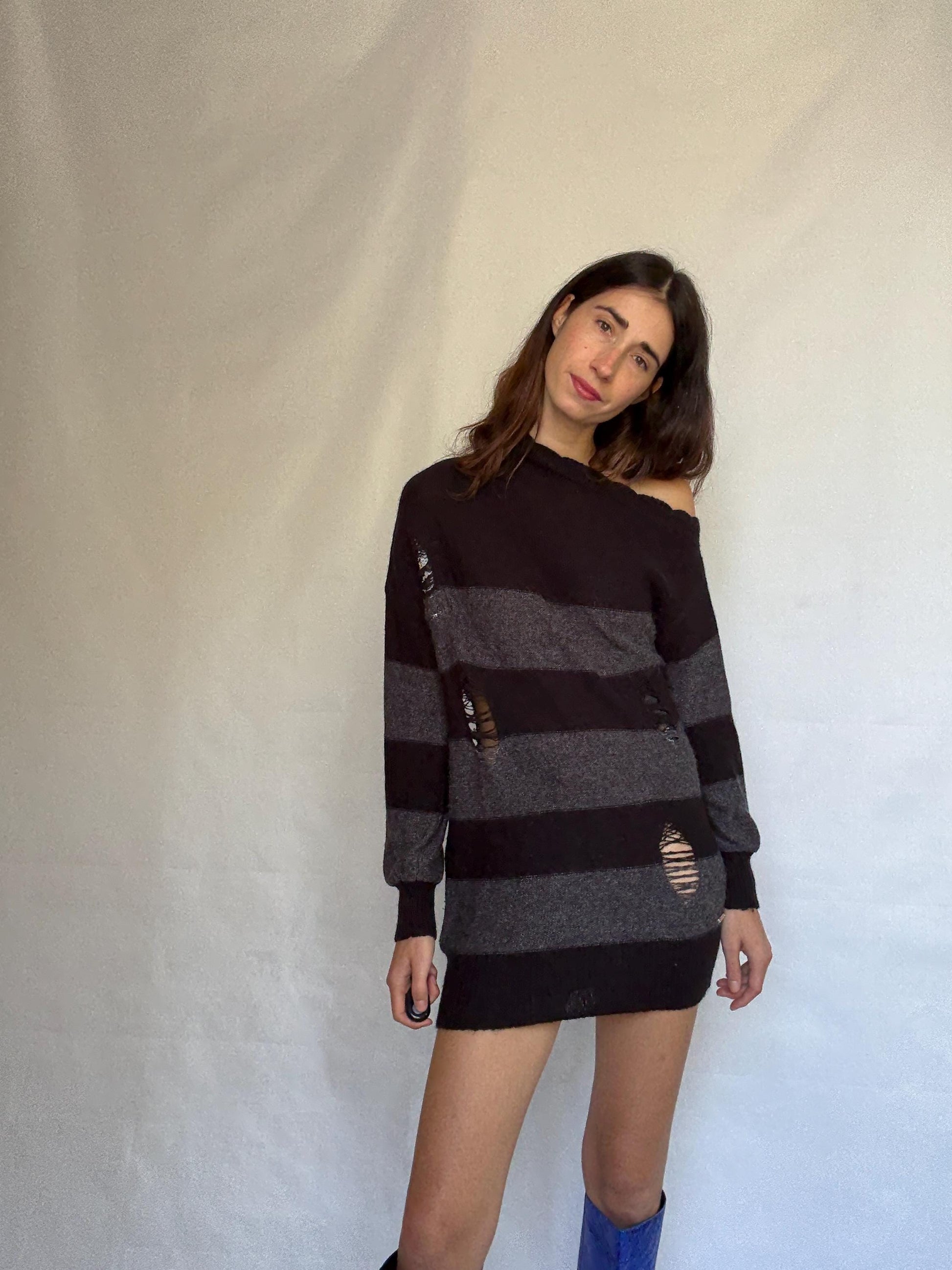 Guess Los Angeles dark gray and black asymmetric sweater dress, wool blend, slim fit, distressed knit with ribbed cuffs