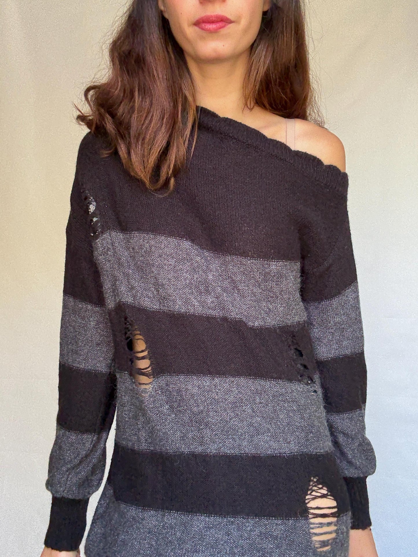 Guess Los Angeles dark gray and black asymmetric sweater dress, wool blend, slim fit, distressed knit with ribbed cuffs
