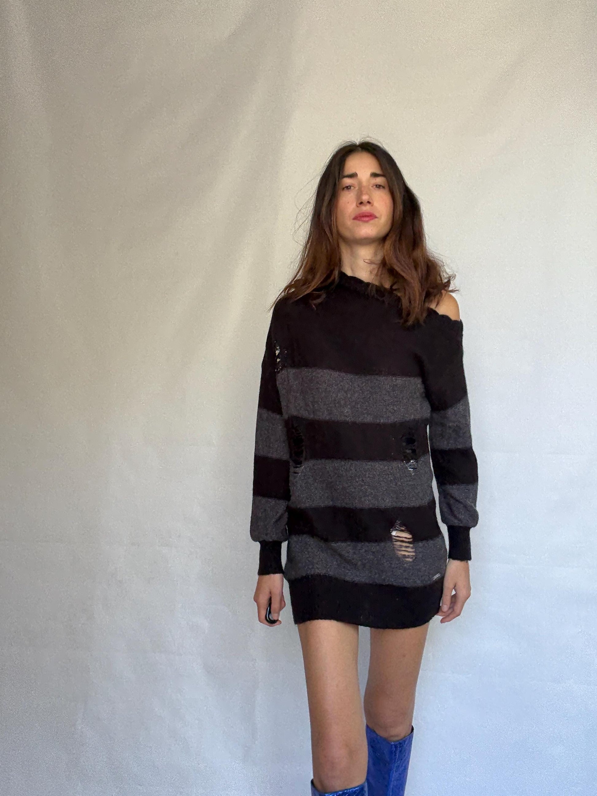 Guess Los Angeles dark gray and black asymmetric sweater dress, wool blend, slim fit, distressed knit with ribbed cuffs