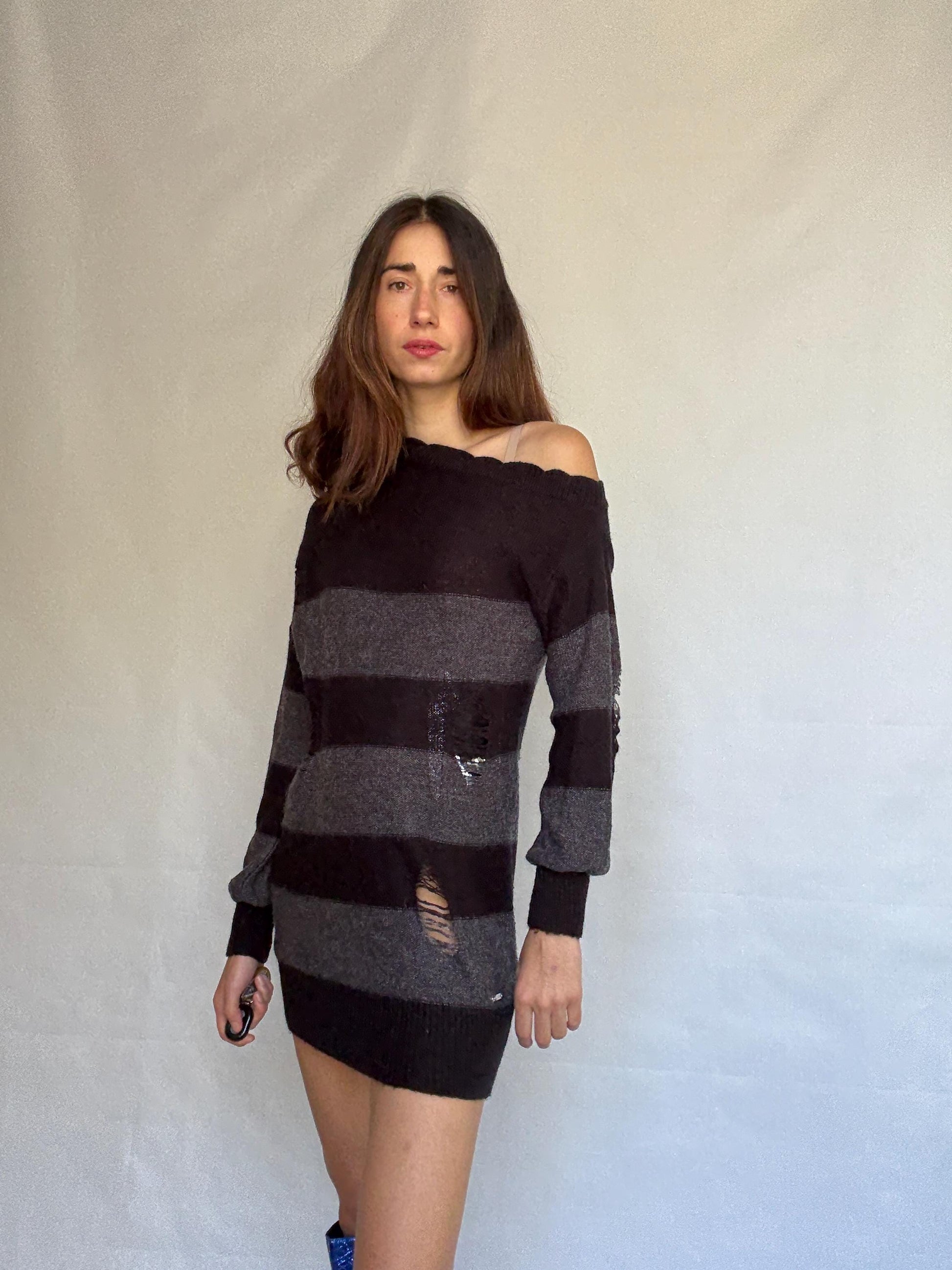 Guess Los Angeles dark gray and black asymmetric sweater dress, wool blend, slim fit, distressed knit with ribbed cuffs