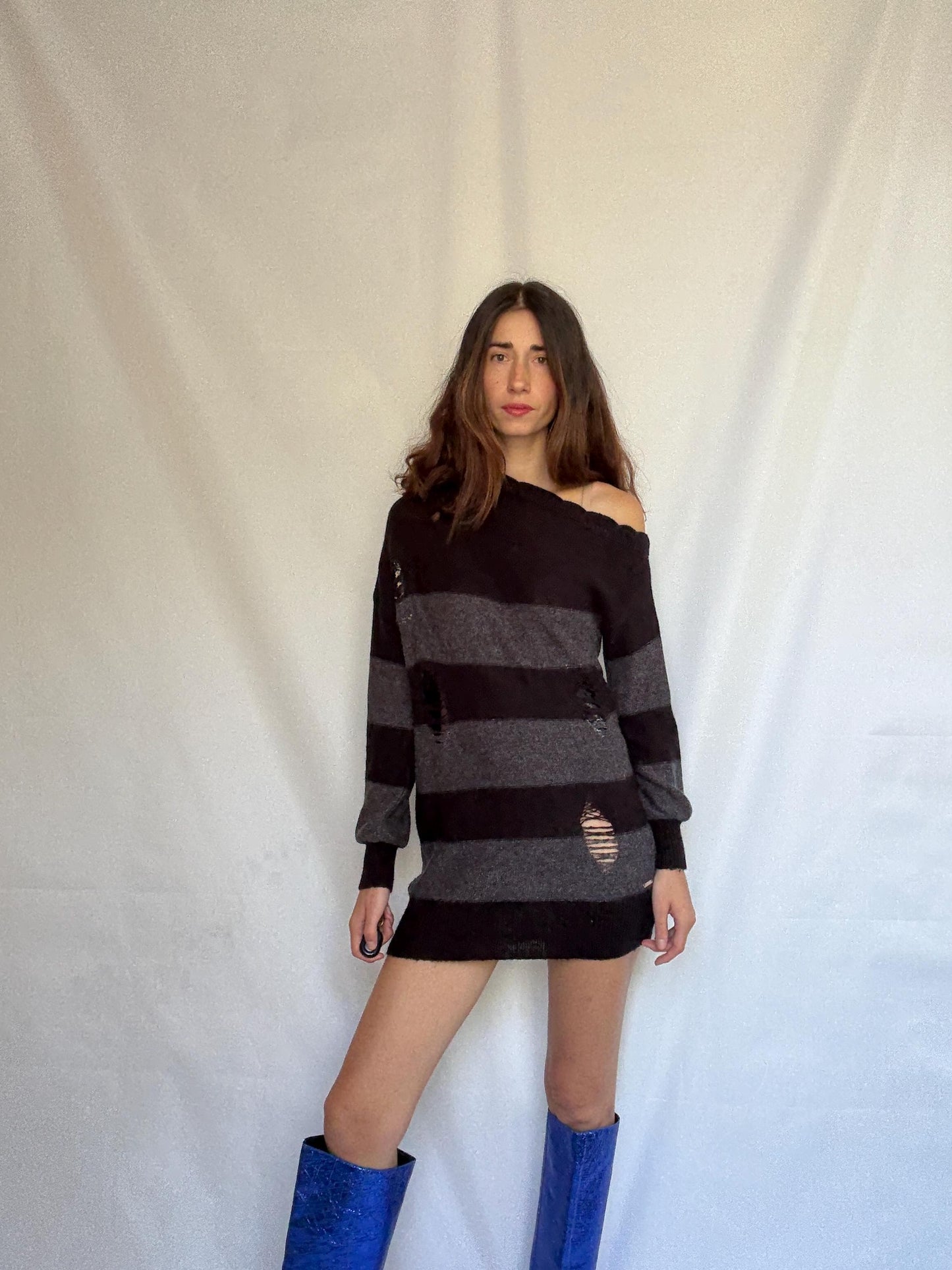 Guess Los Angeles dark gray and black asymmetric sweater dress, wool blend, slim fit, distressed knit with ribbed cuffs