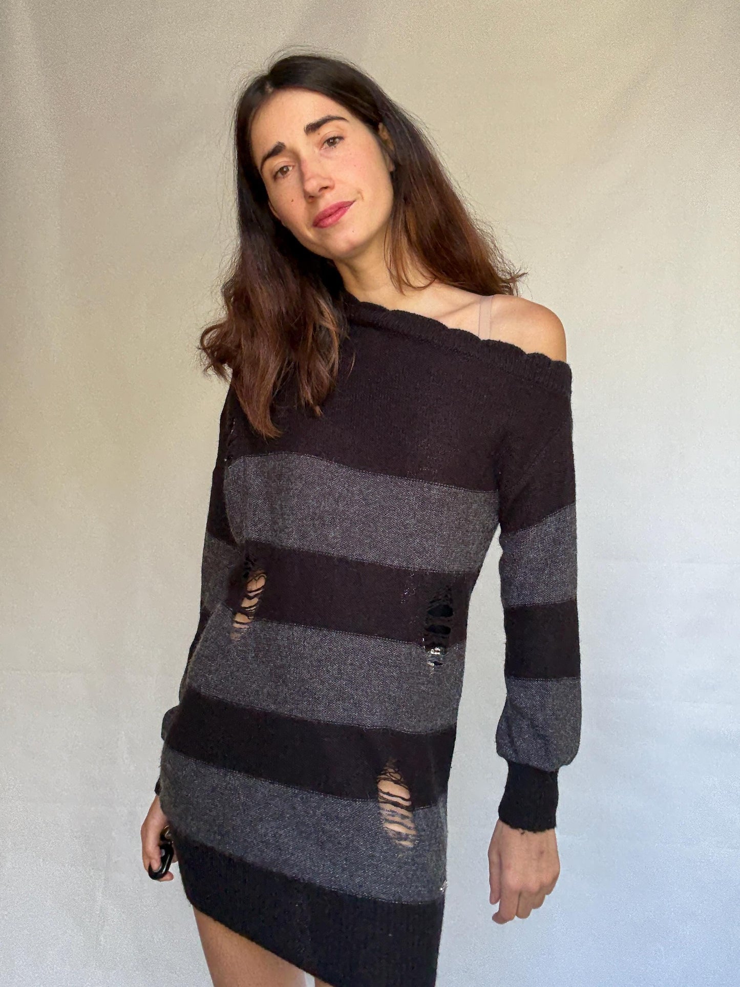Guess Los Angeles dark gray and black asymmetric sweater dress, wool blend, slim fit, distressed knit with ribbed cuffs