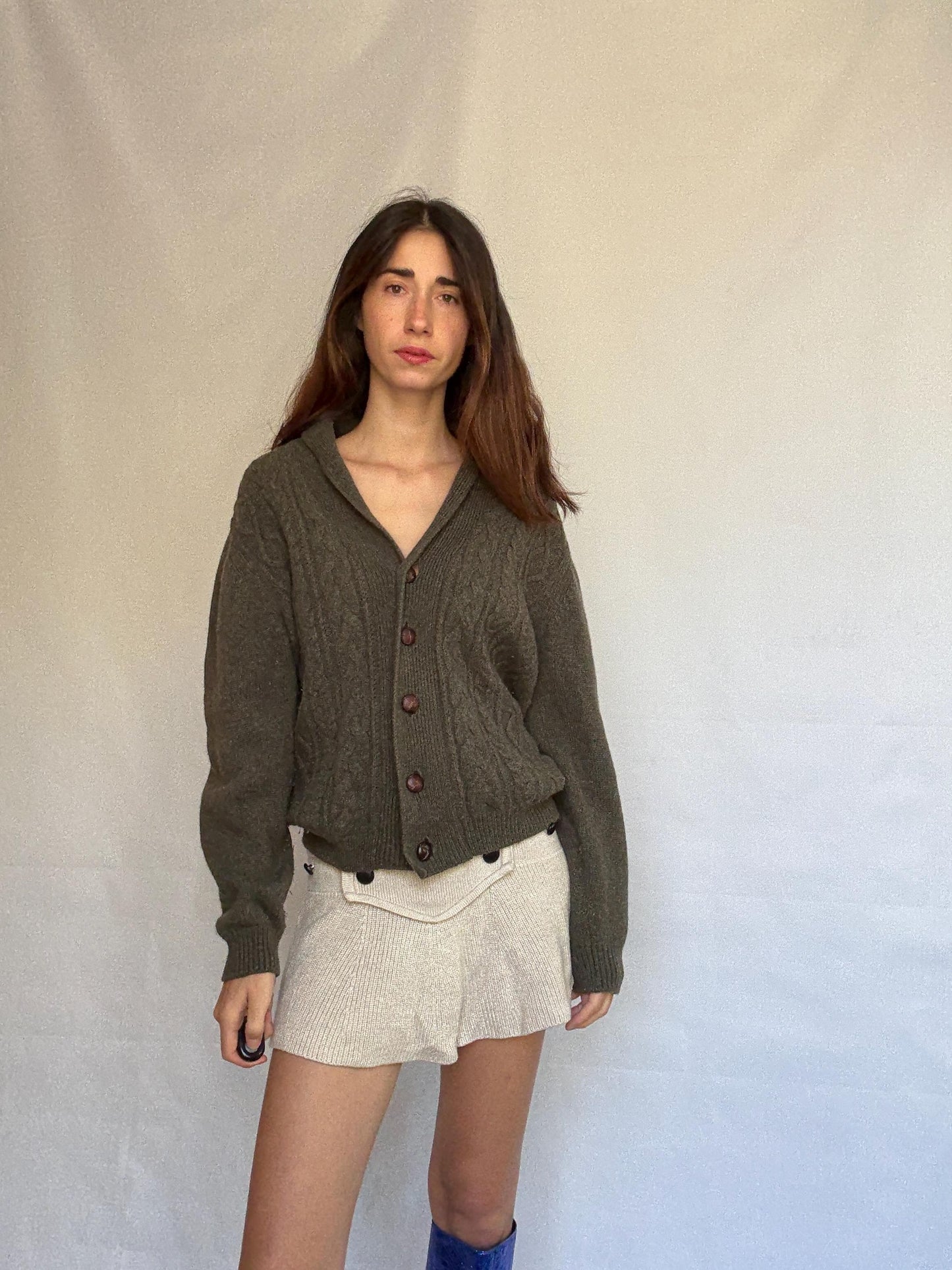 Vintage olive green cable knit Emidio Tucci sweater, wool blend, shawl collar, vintage old, money, US XL, cozy versatile wear