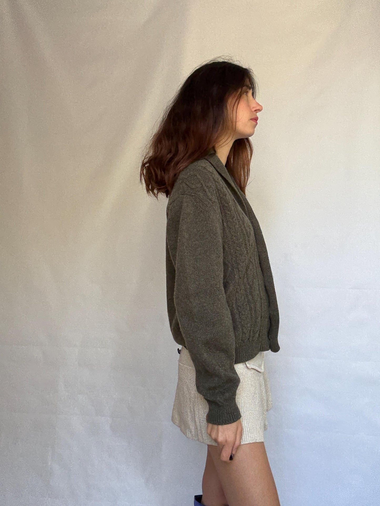 Vintage olive green cable knit Emidio Tucci sweater, wool blend, shawl collar, vintage old, money, US XL, cozy versatile wear