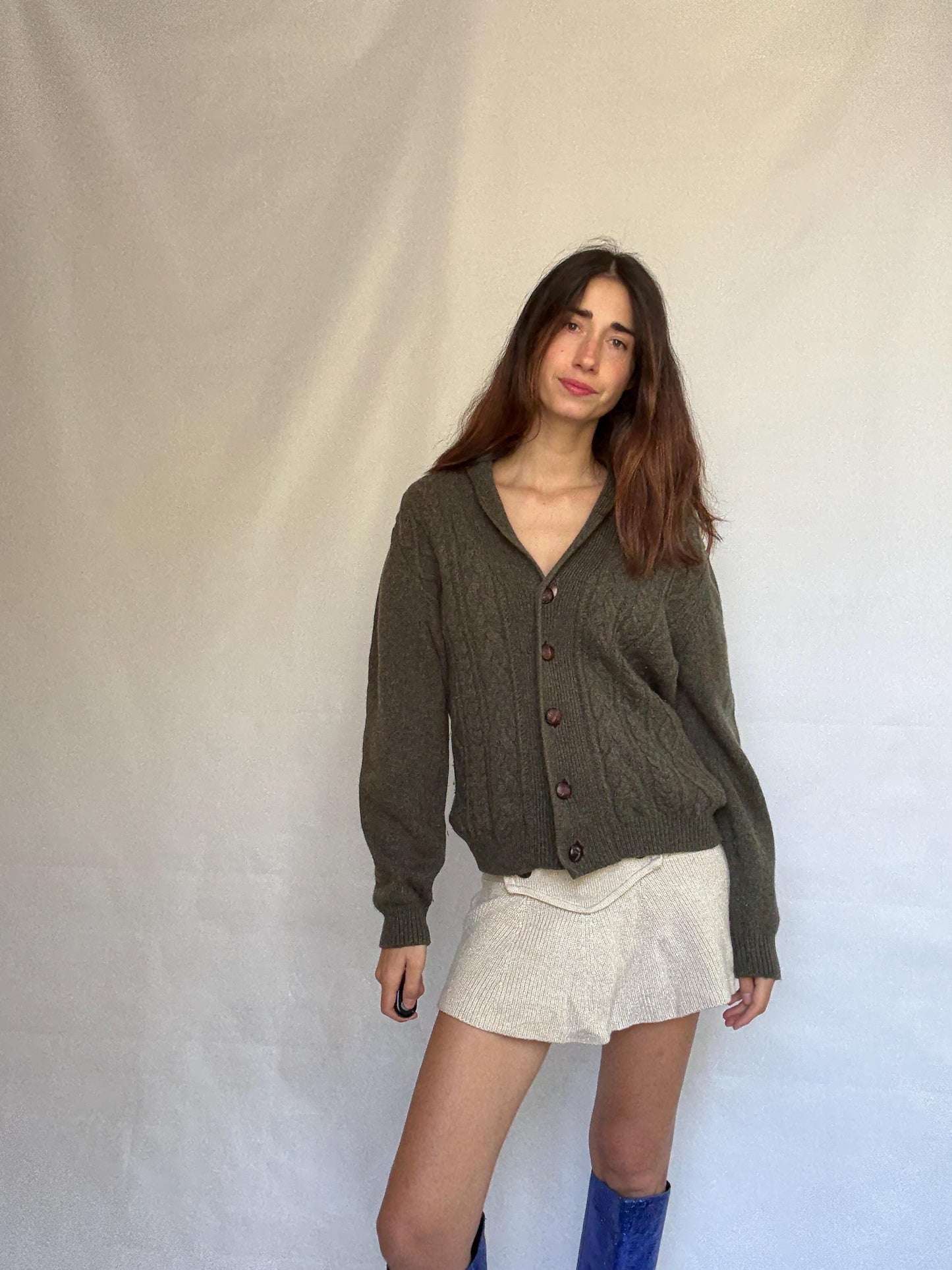 Vintage olive green cable knit Emidio Tucci sweater, wool blend, shawl collar, vintage old, money, US XL, cozy versatile wear