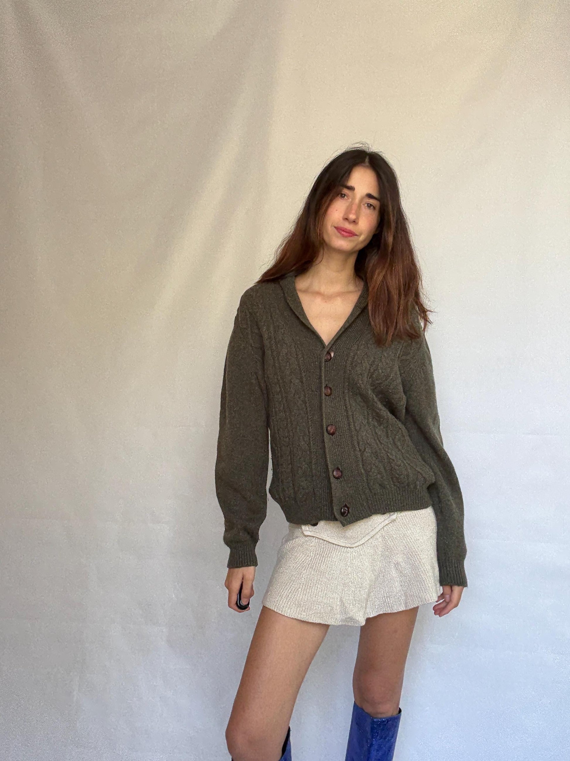 Vintage olive green cable knit Emidio Tucci sweater, wool blend, shawl collar, vintage old, money, US XL, cozy versatile wear