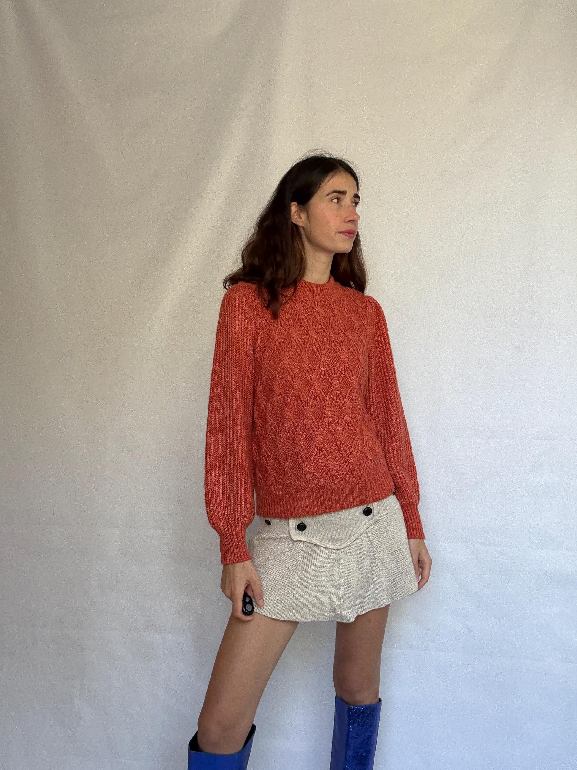 Vintage burnt orange sweater, chunky knit, ribbed crew neck, textured pattern, minimalist streetwear, US L, cozy campus style, US